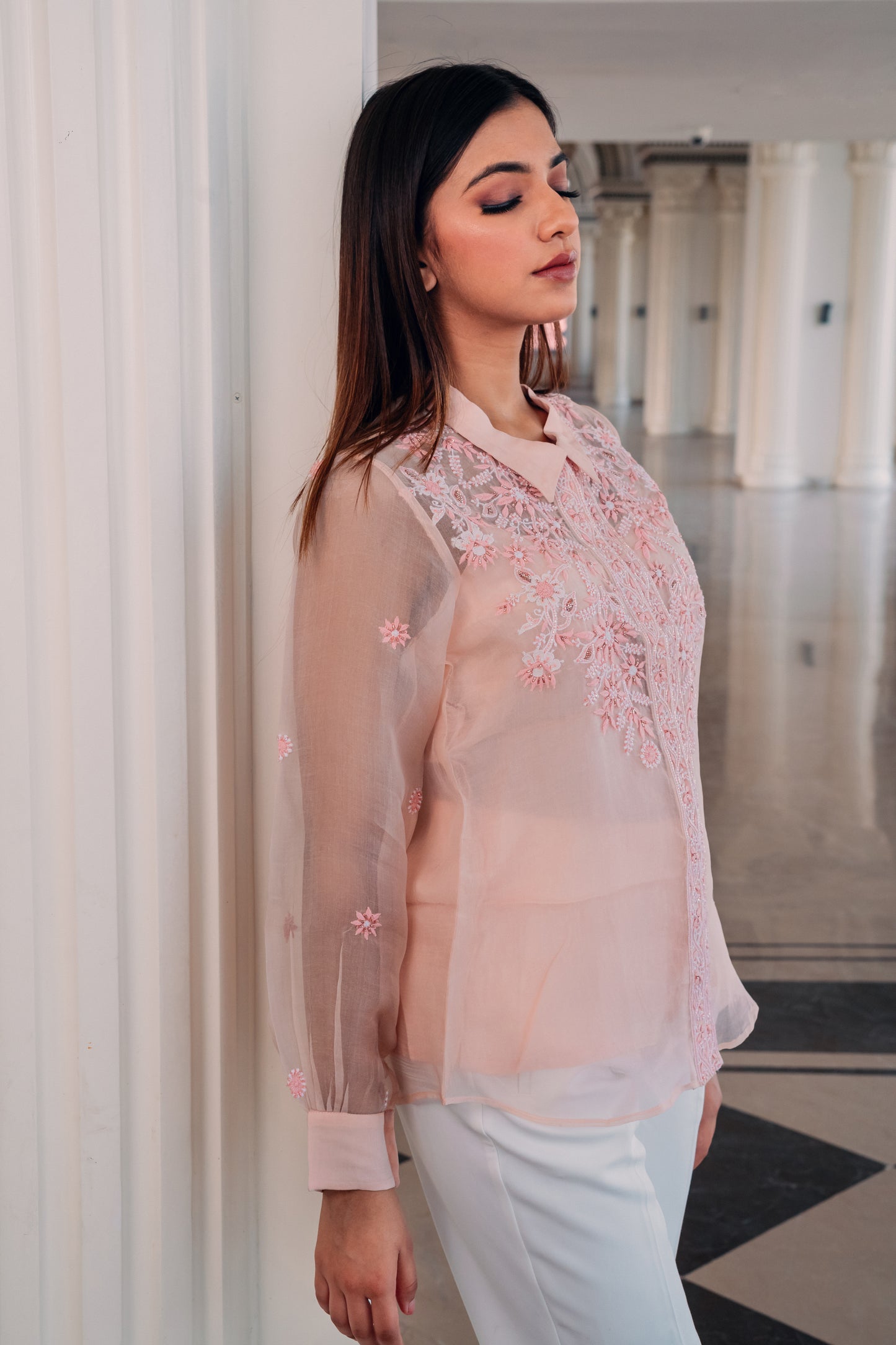 Light Peach Organza Highlighted Chikankari Shirt