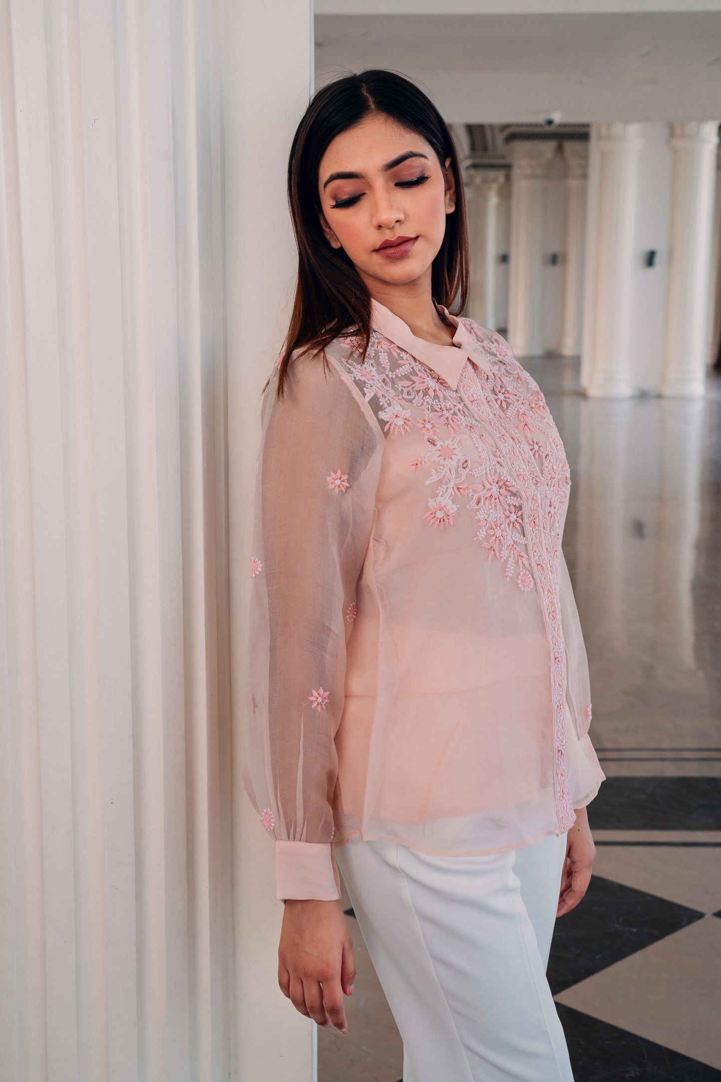 Light Peach Organza Highlighted Chikankari Shirt