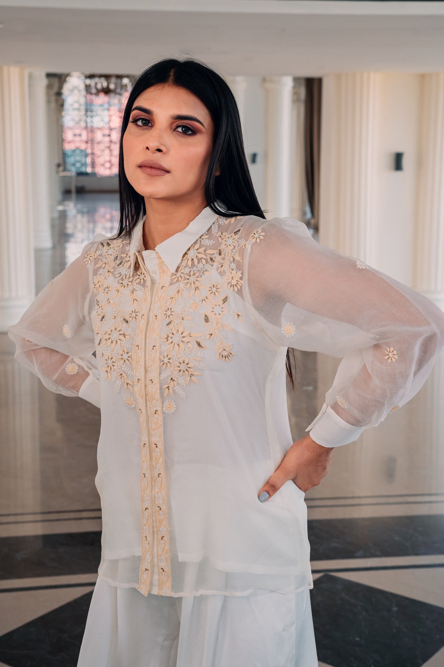 White Organza Highlighted Chikankari Shirt