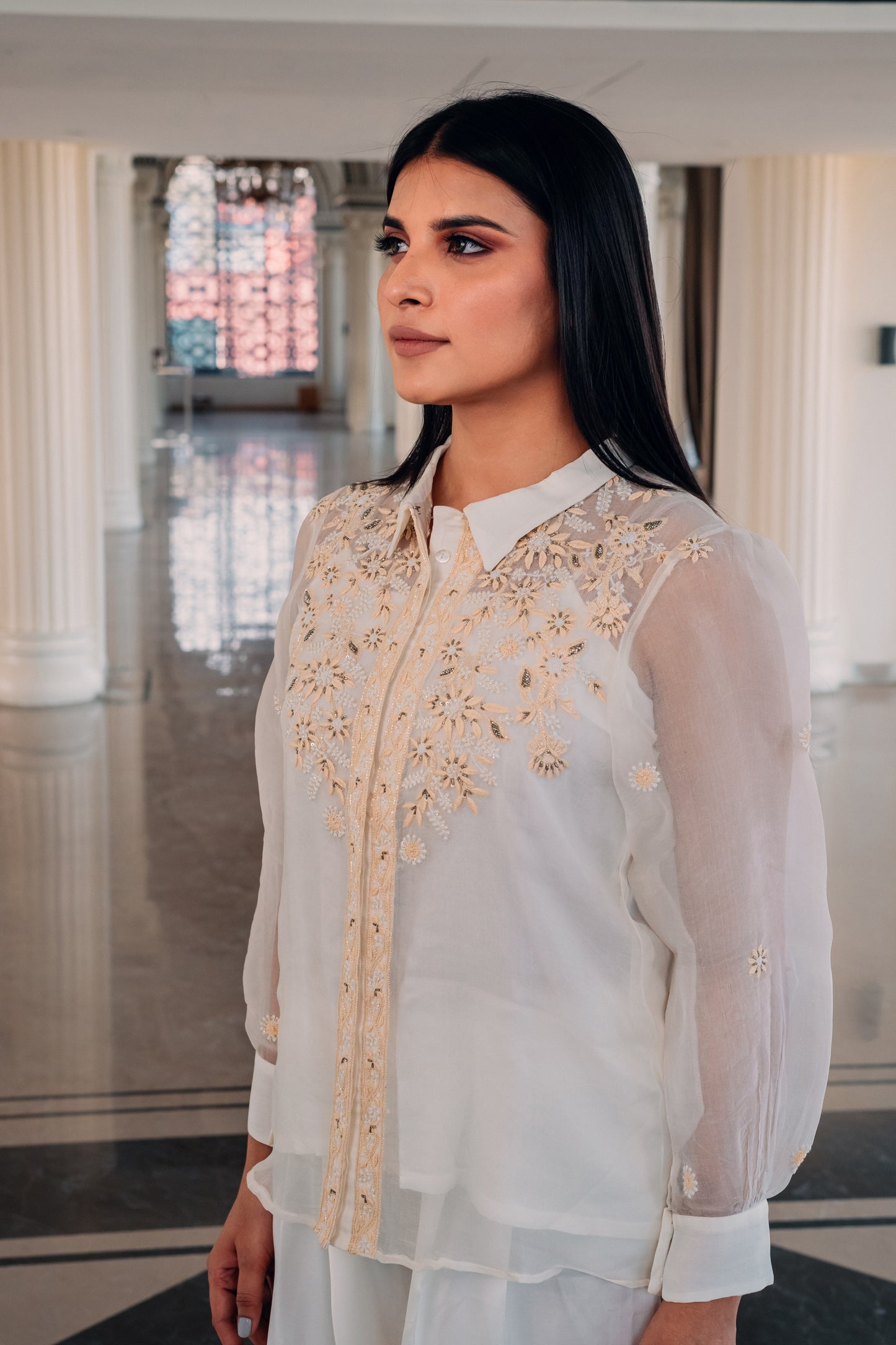 White Organza Highlighted Chikankari Shirt