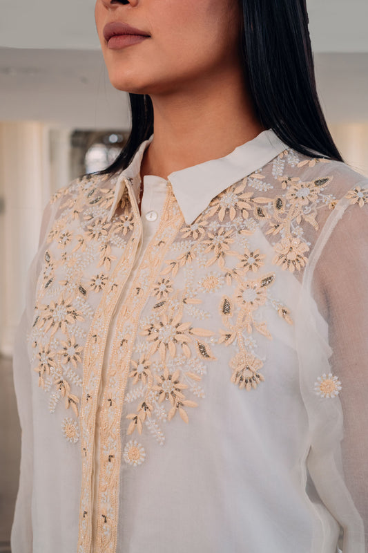 White Organza Highlighted Chikankari Shirt