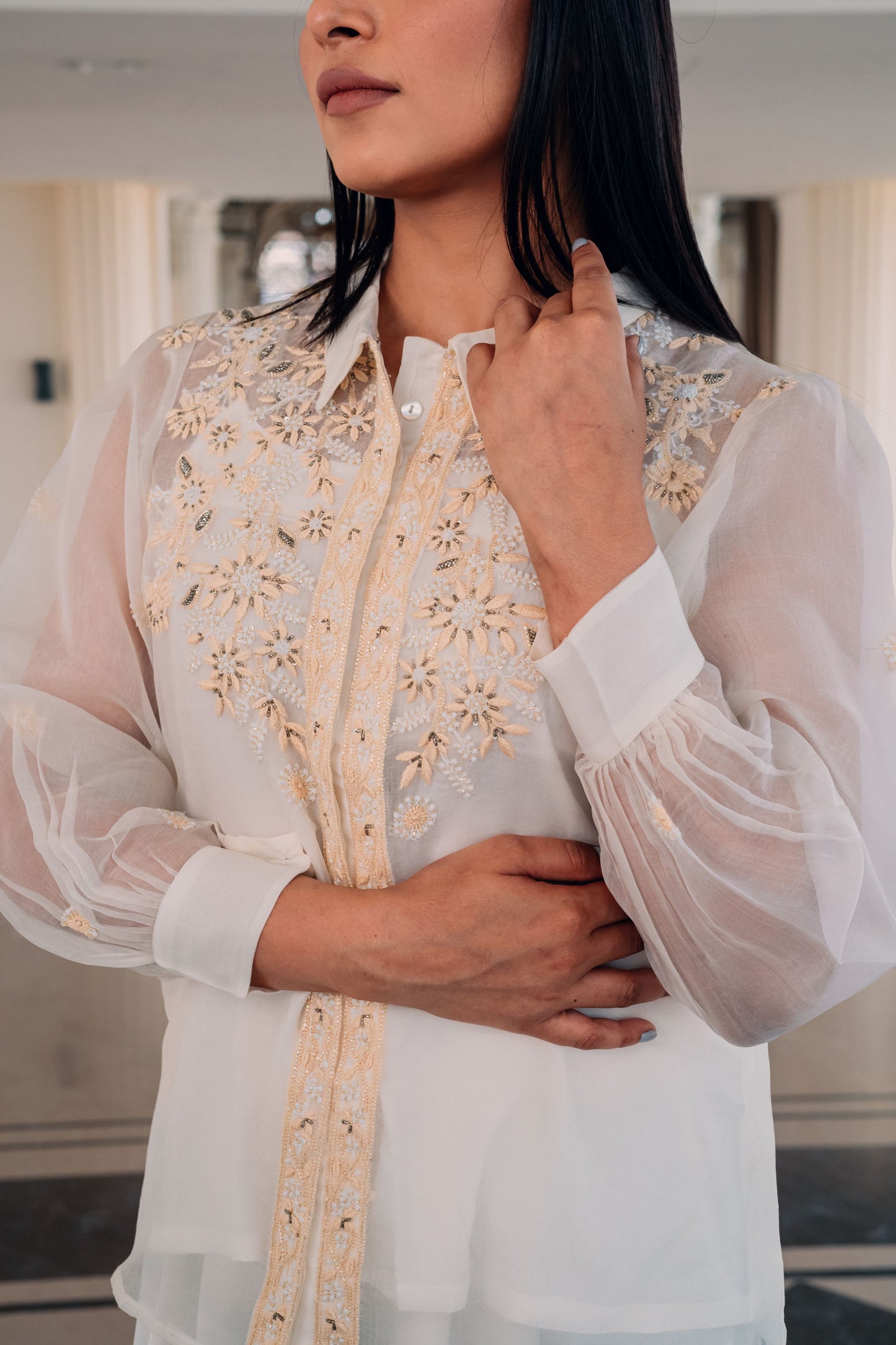 White Organza Highlighted Chikankari Shirt