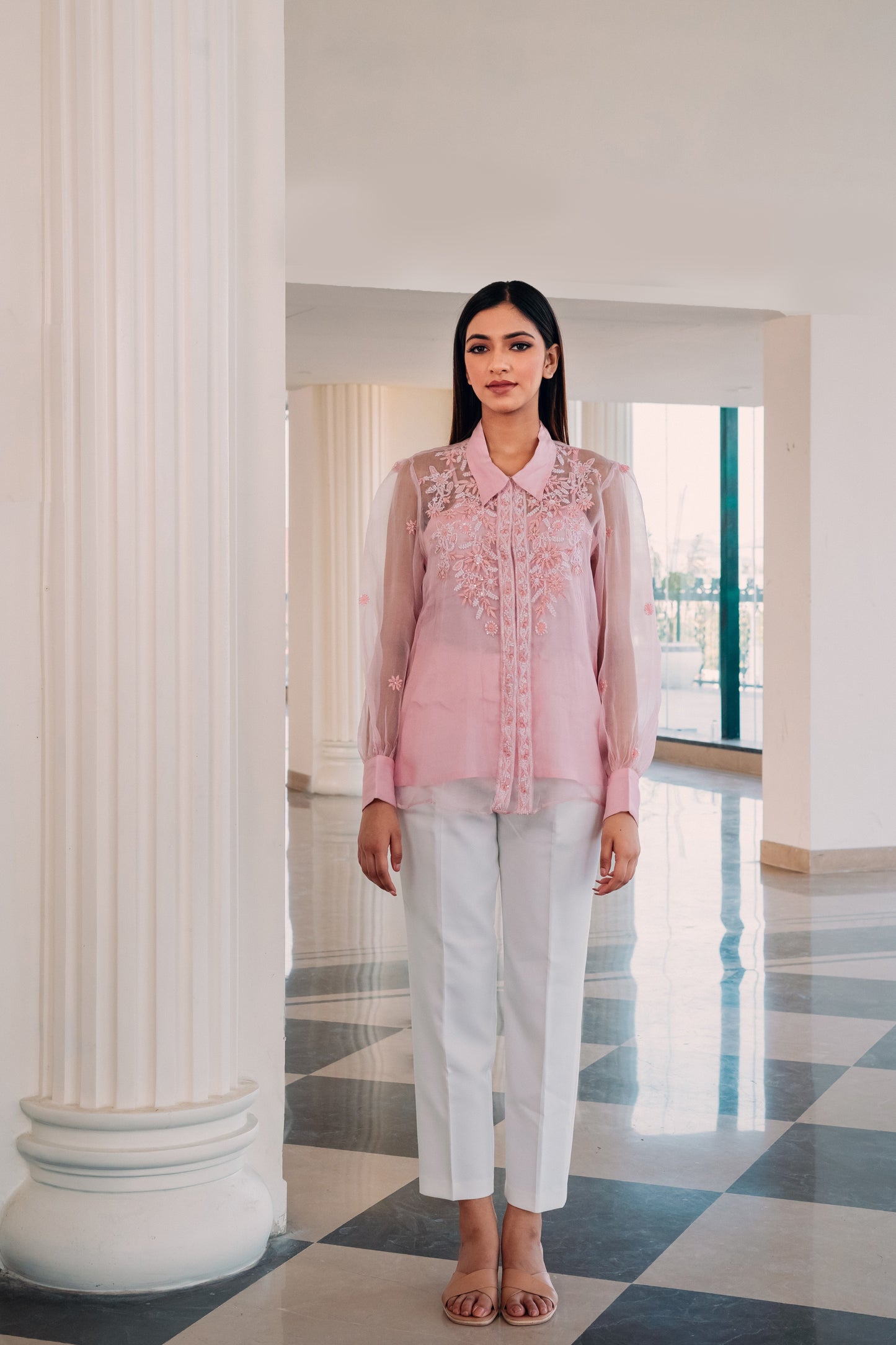 Pink Organza Highlighted Chikankari Shirt