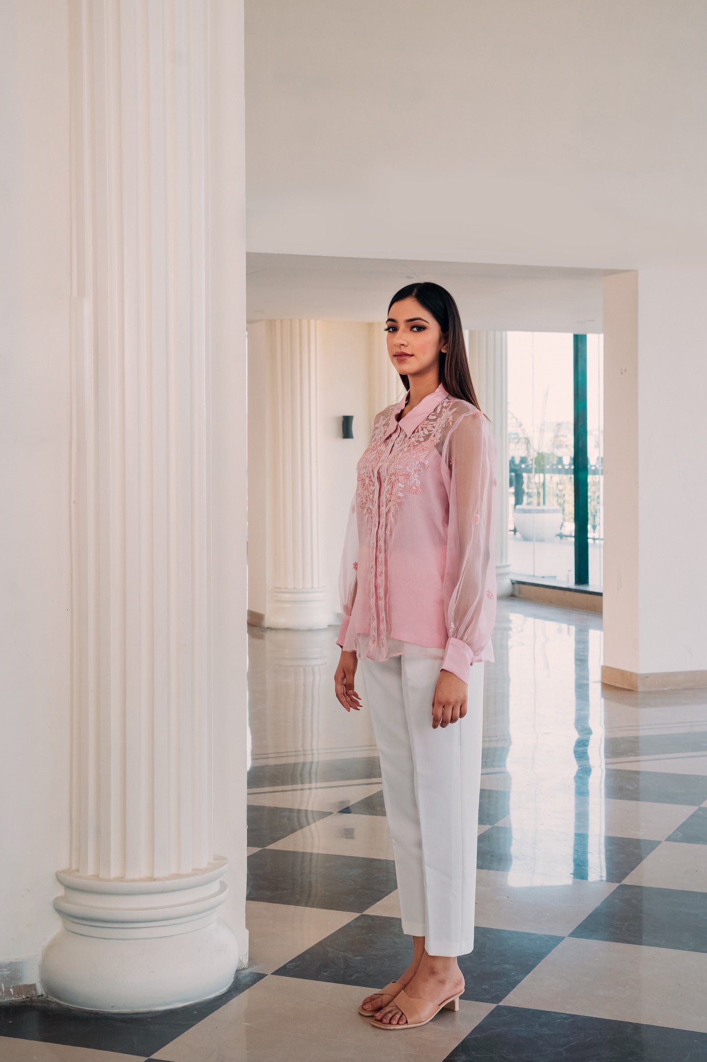 Pink Organza Highlighted Chikankari Shirt