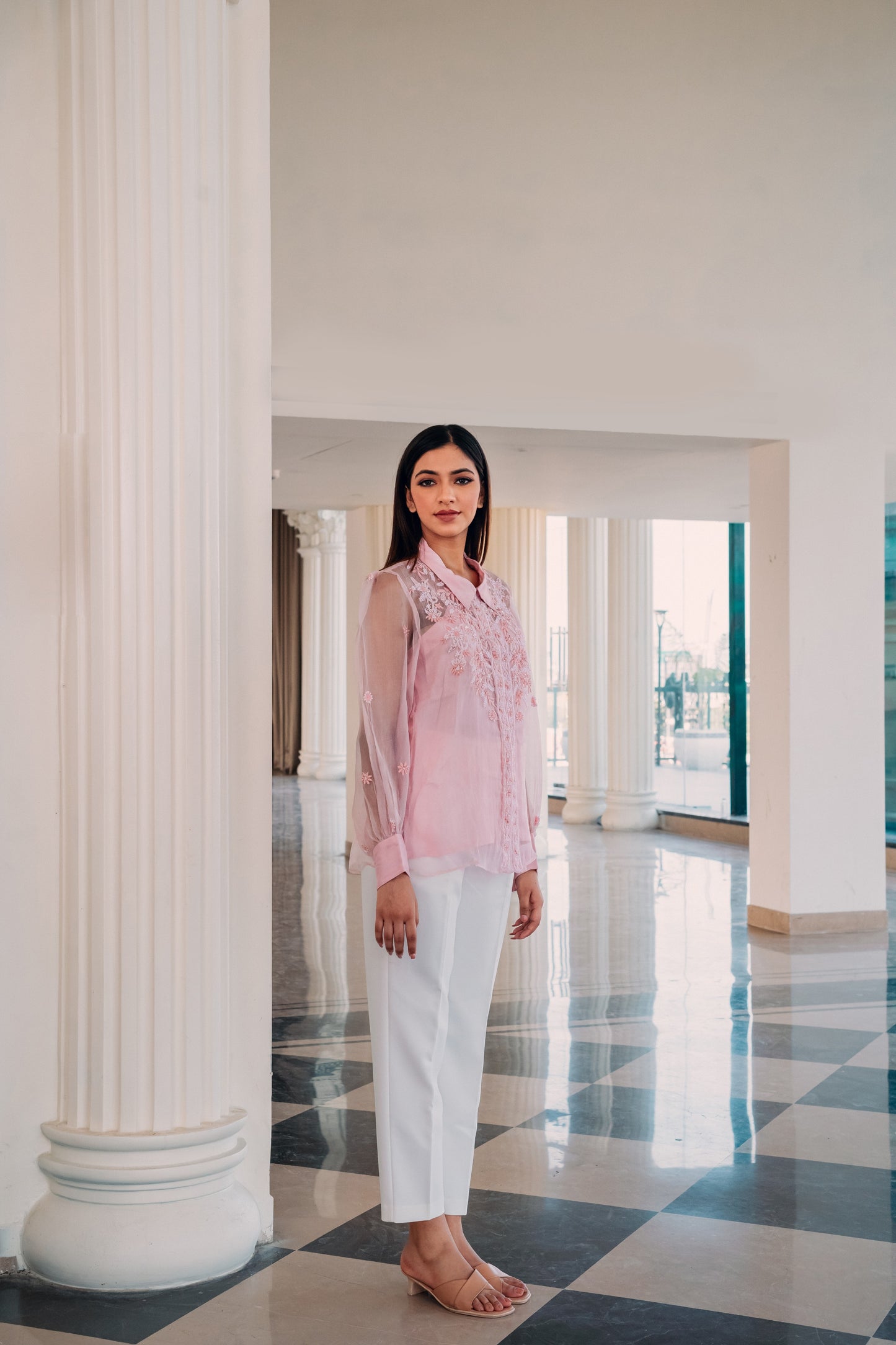 Pink Organza Highlighted Chikankari Shirt