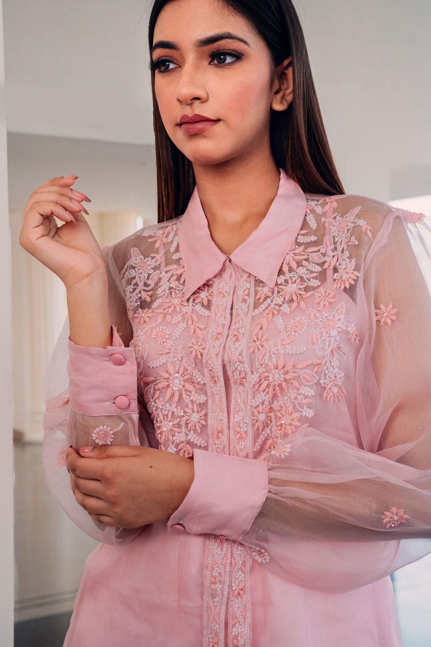 Pink Organza Highlighted Chikankari Shirt