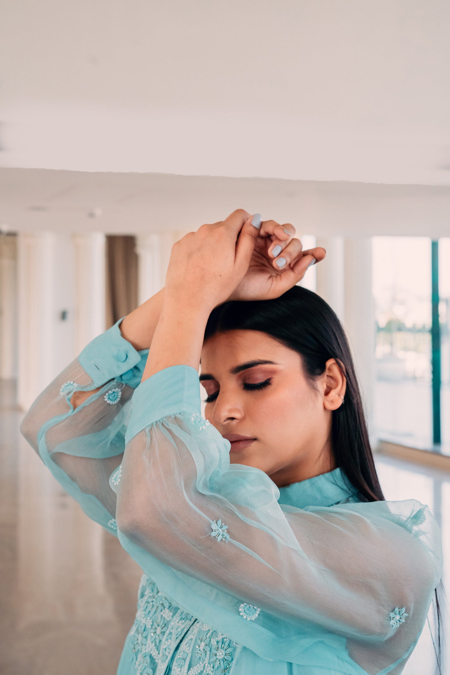 Baby Blue Organza Highlighted Chikankari Shirt