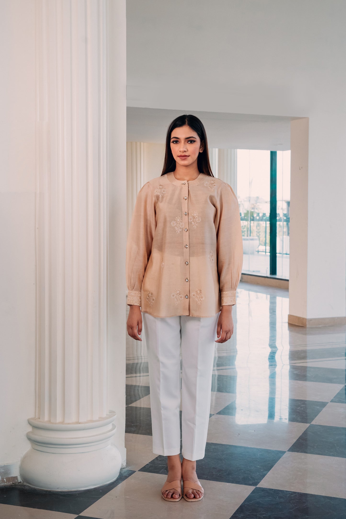 Beige Chanderi Silk Chinese Collar Shirt