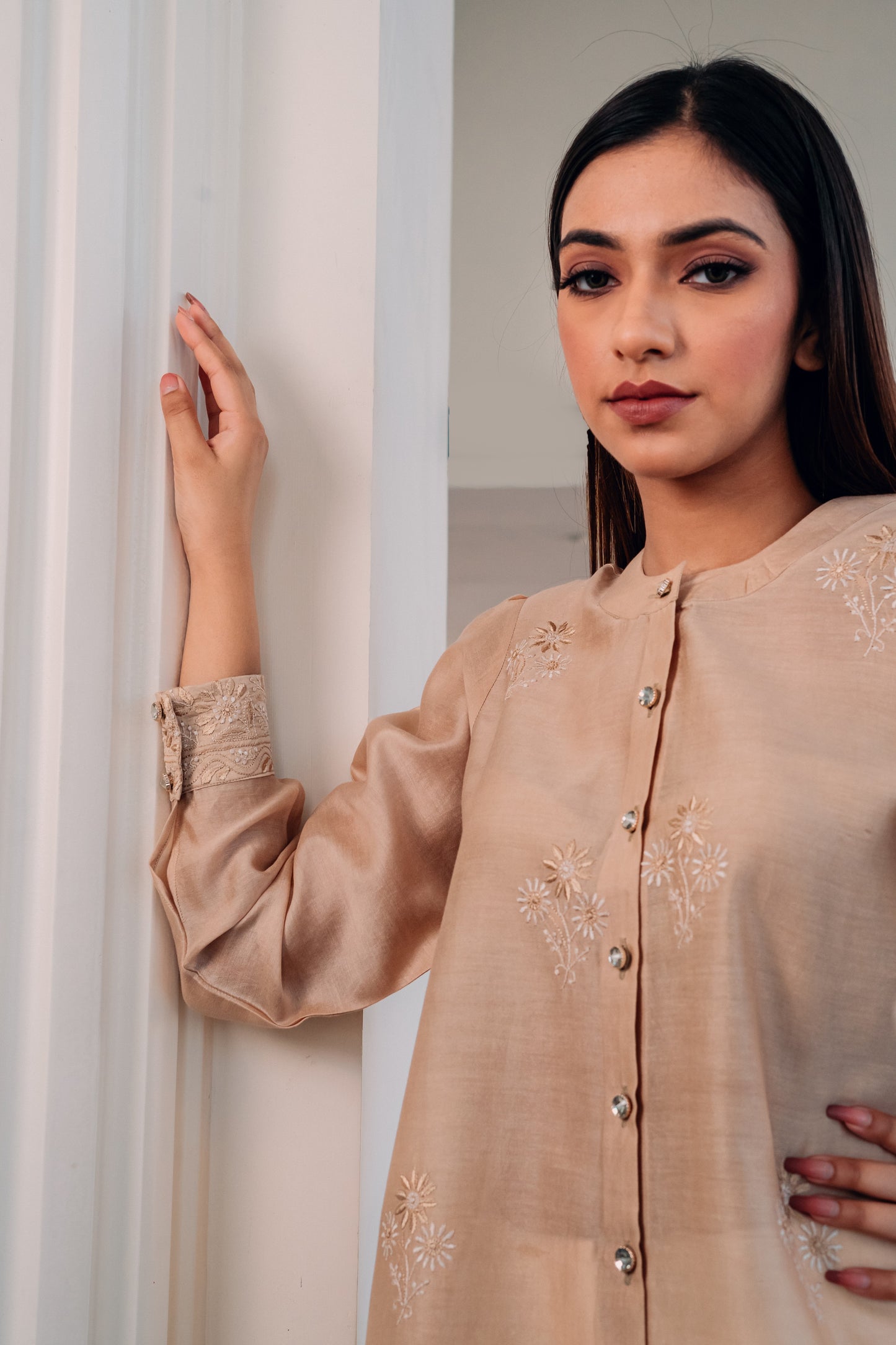 Beige Chanderi Silk Chinese Collar Shirt