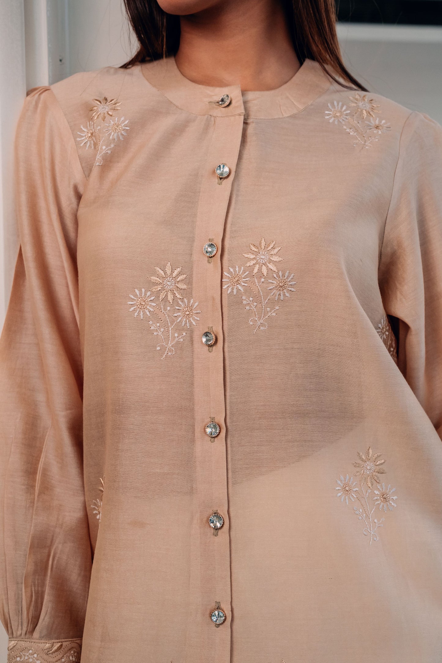 Beige Chanderi Silk Chinese Collar Shirt