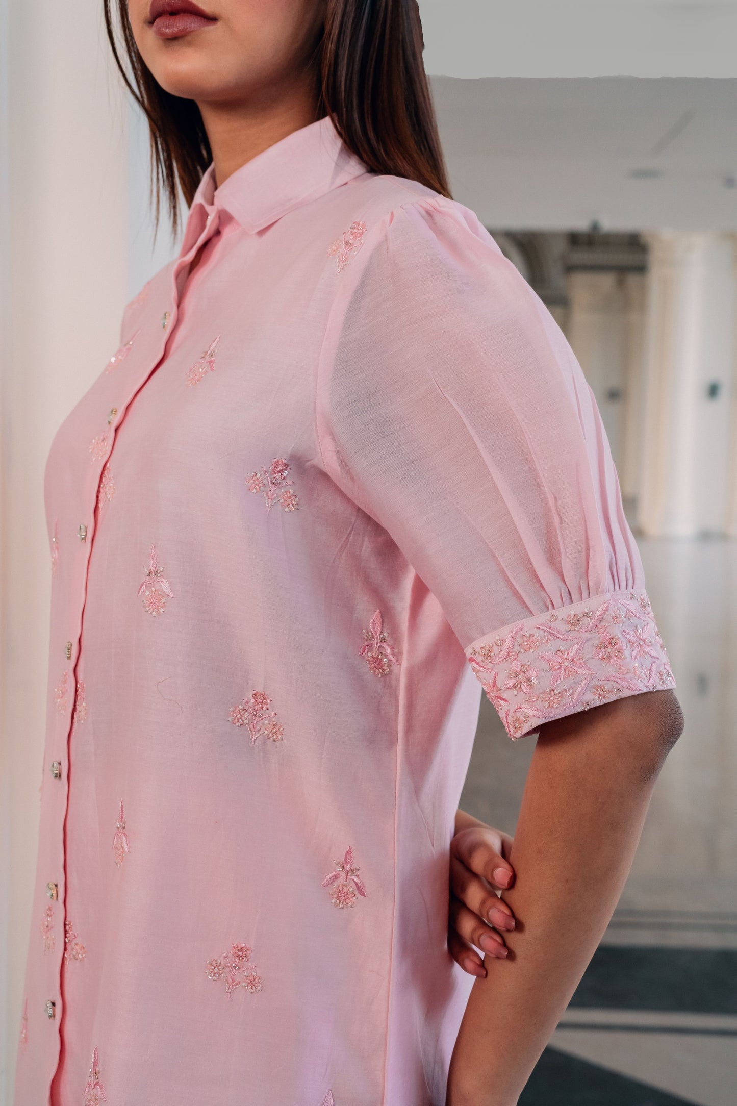 Baby Pink Chanderi Silk Highlighted Half Sleeve Collar Shirt