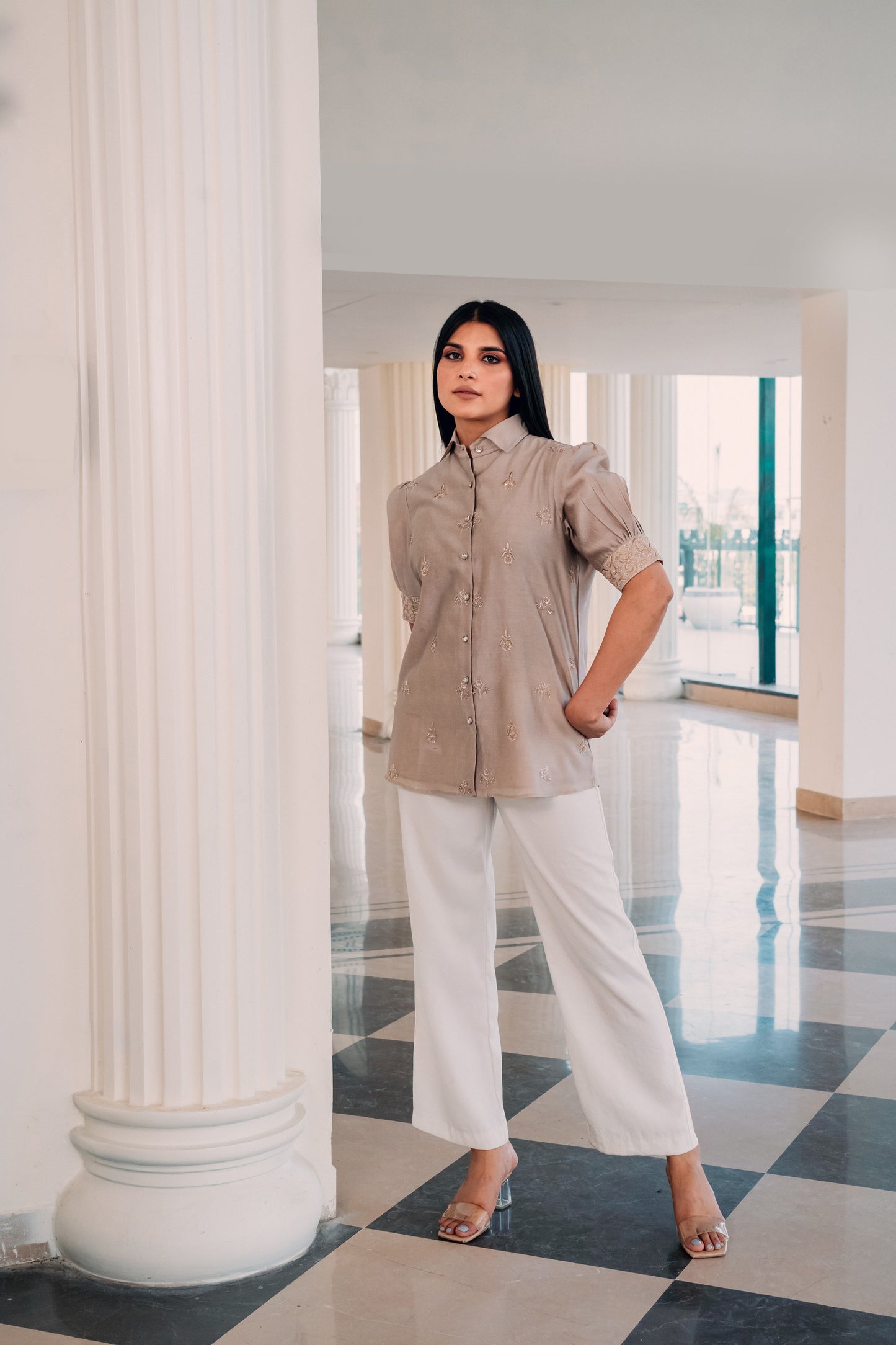 Taupe Brown Chanderi Silk Highlighted Half Sleeve Collar Shirt