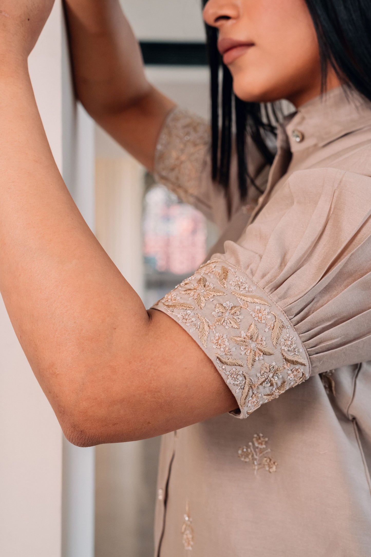 Taupe Brown Chanderi Silk Highlighted Half Sleeve Collar Shirt