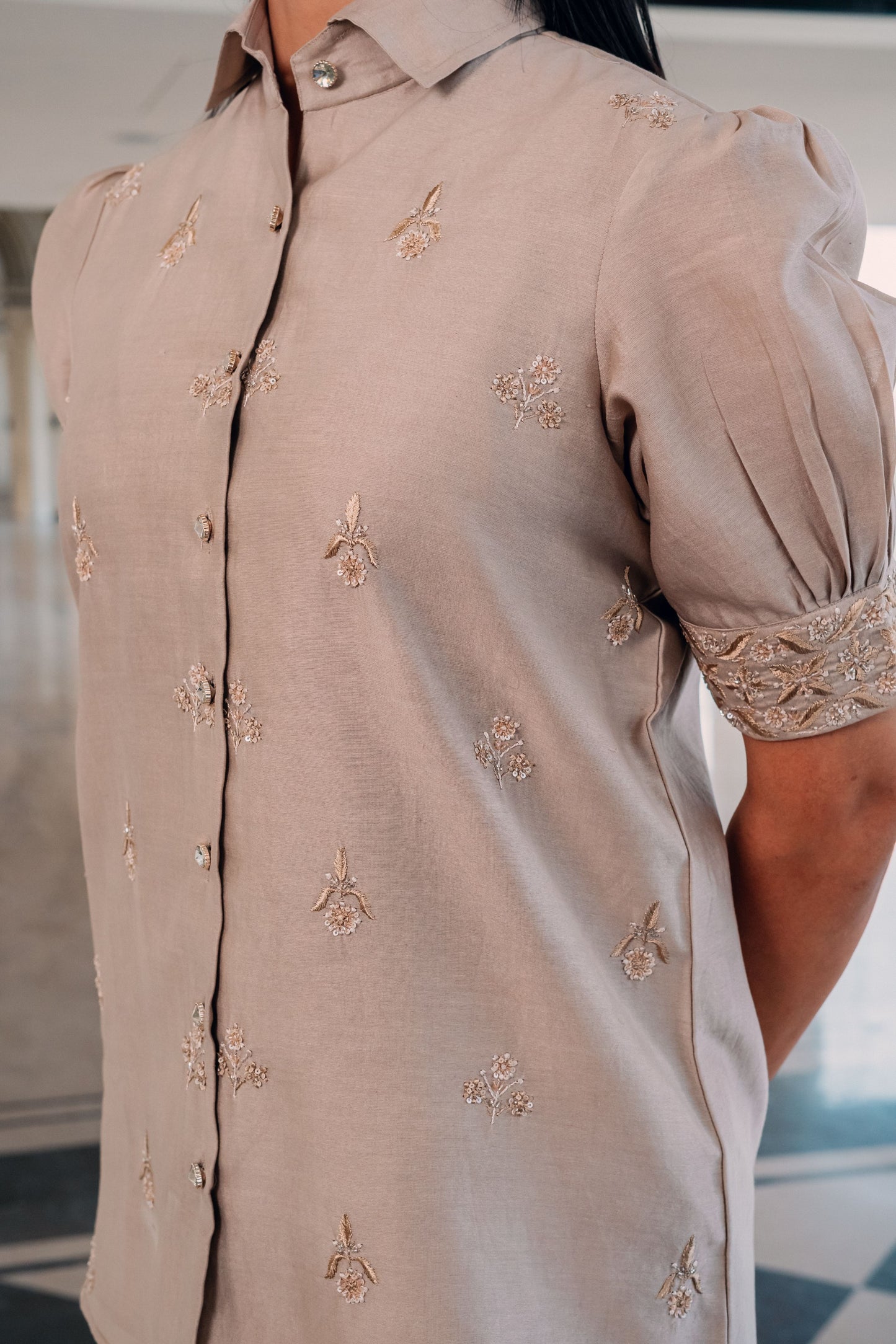 Taupe Brown Chanderi Silk Highlighted Half Sleeve Collar Shirt