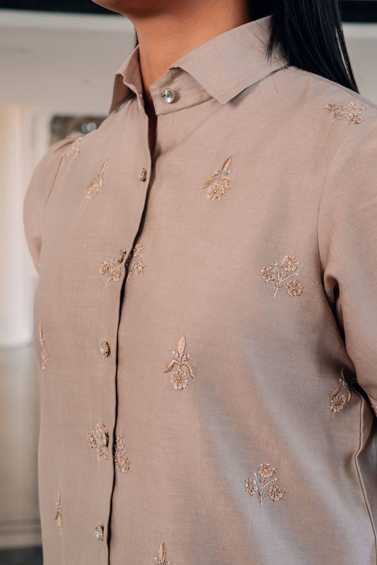 Taupe Brown Chanderi Silk Highlighted Half Sleeve Collar Shirt