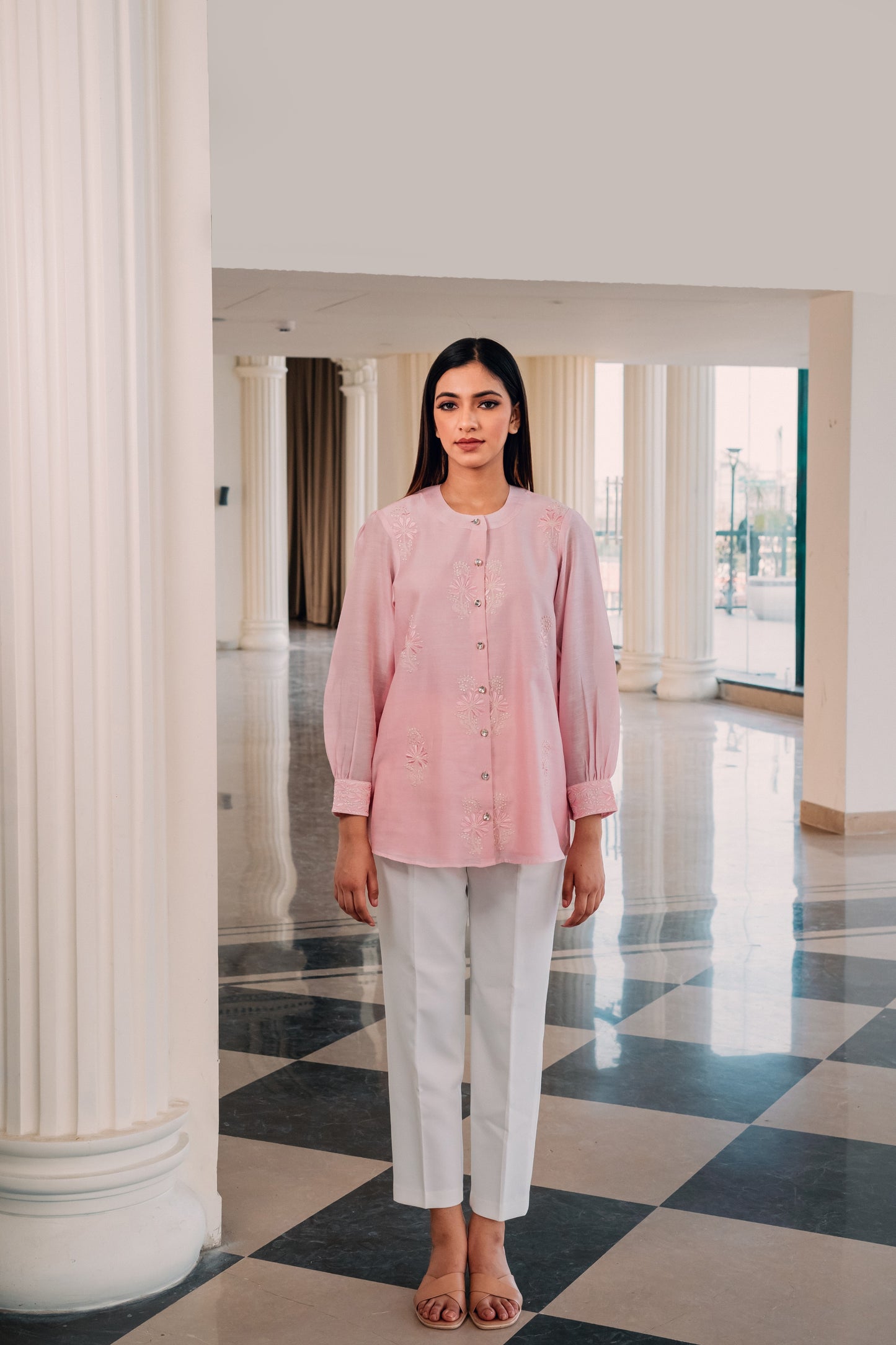 Baby Pink Chanderi Silk Chinese Collar Shirt