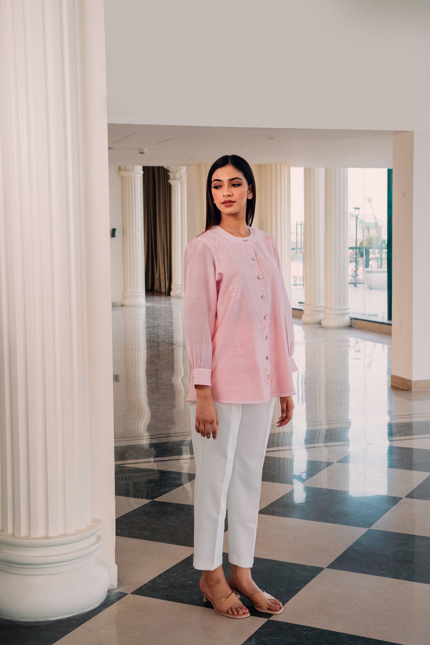 Baby Pink Chanderi Silk Chinese Collar Shirt