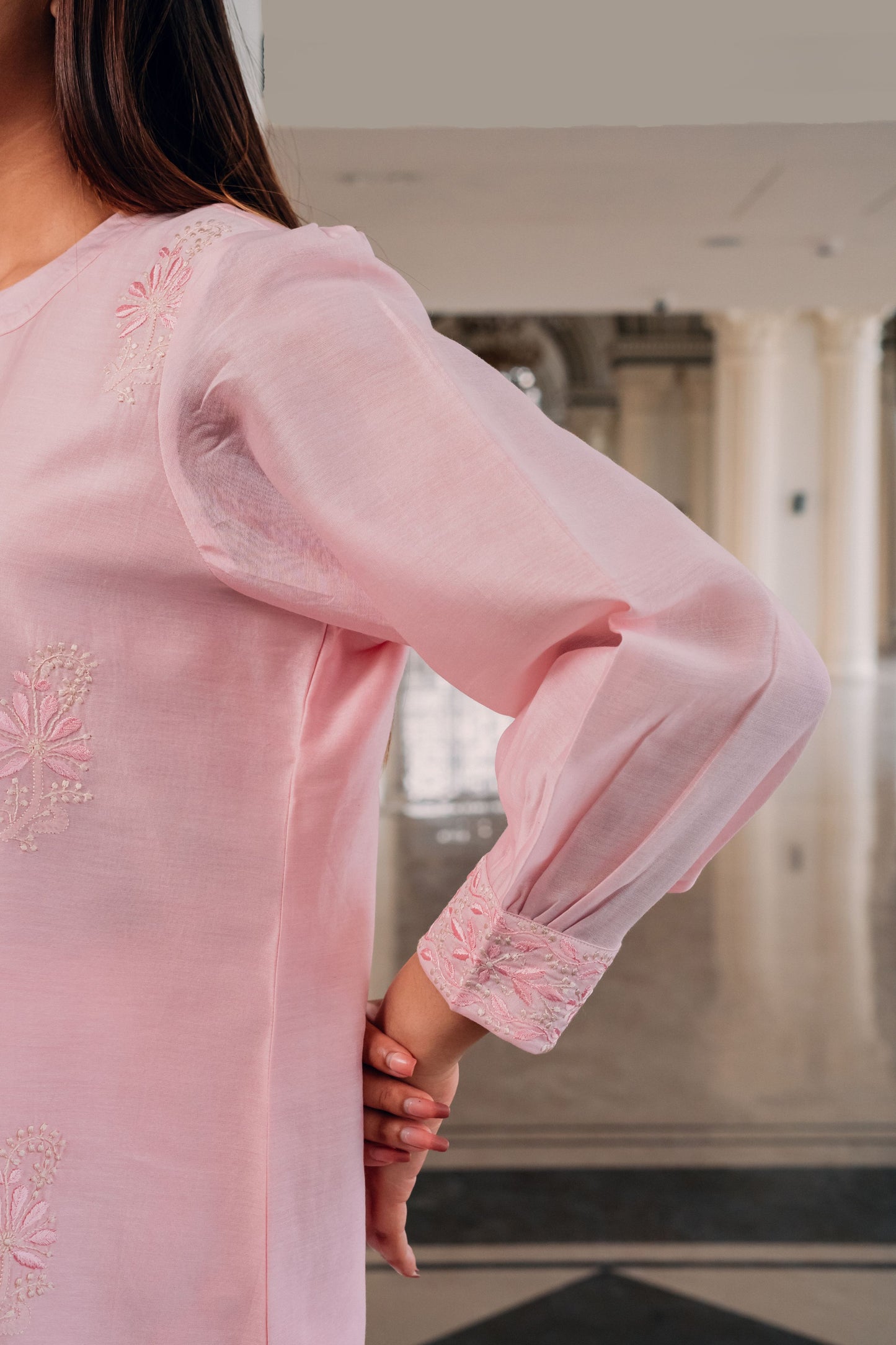 Baby Pink Chanderi Silk Chinese Collar Shirt