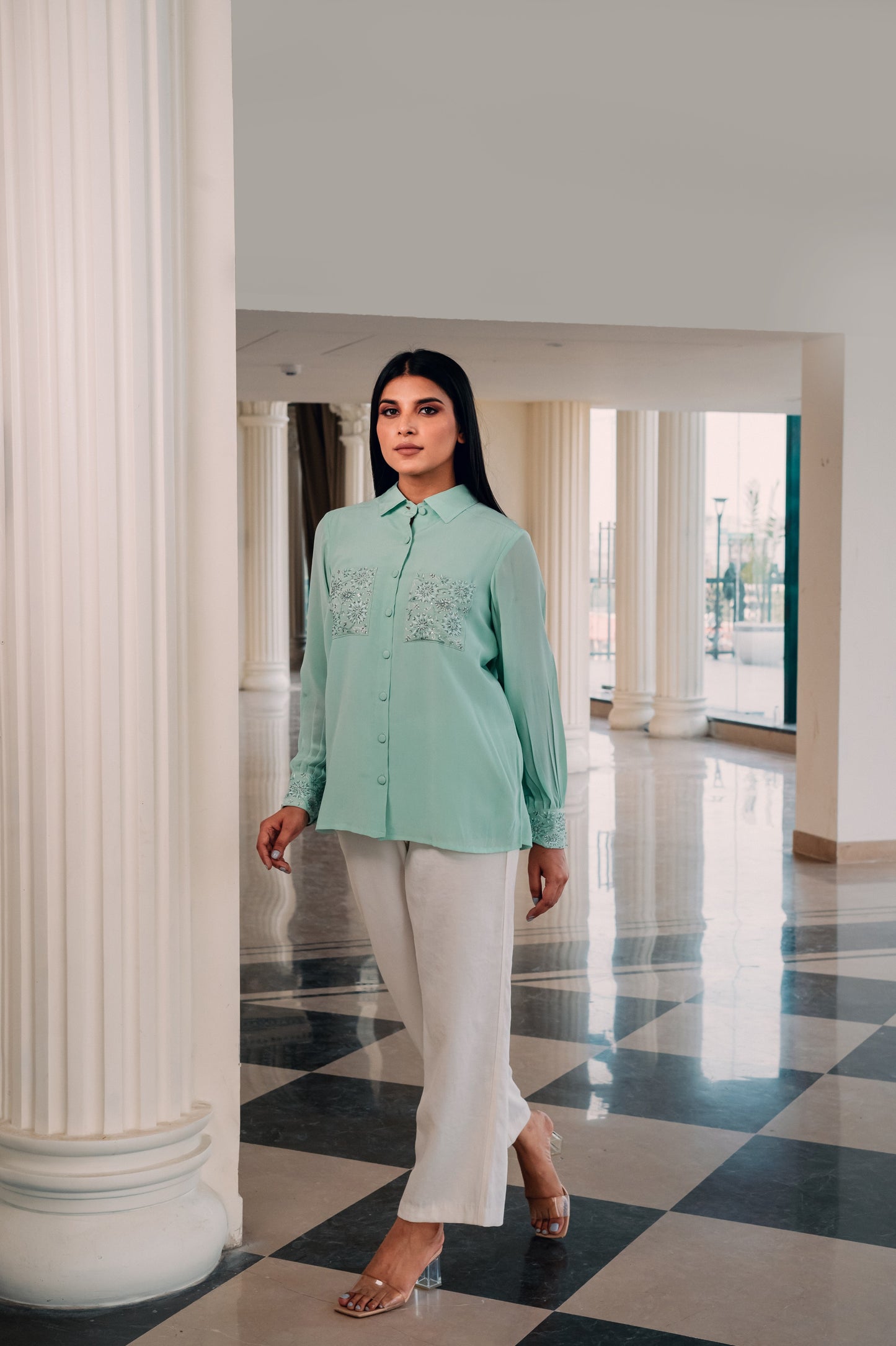 Mint Green Pure Crepe Pocket Shirt