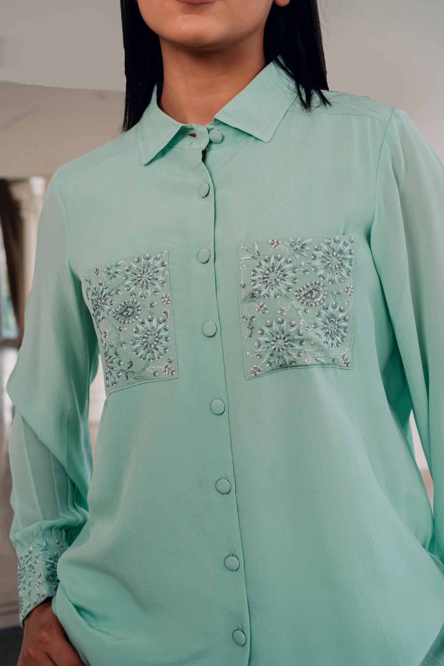 Mint Green Pure Crepe Pocket Shirt