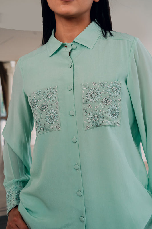 Mint Green Pure Crepe Pocket Shirt