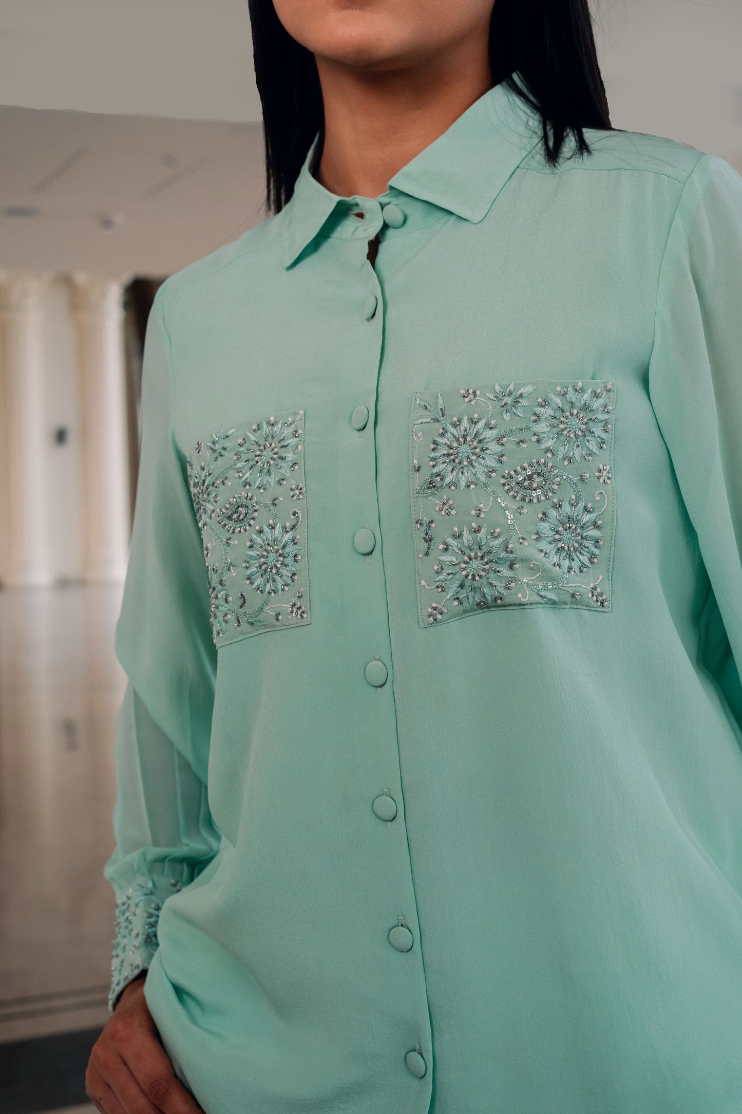 Mint Green Pure Crepe Pocket Shirt