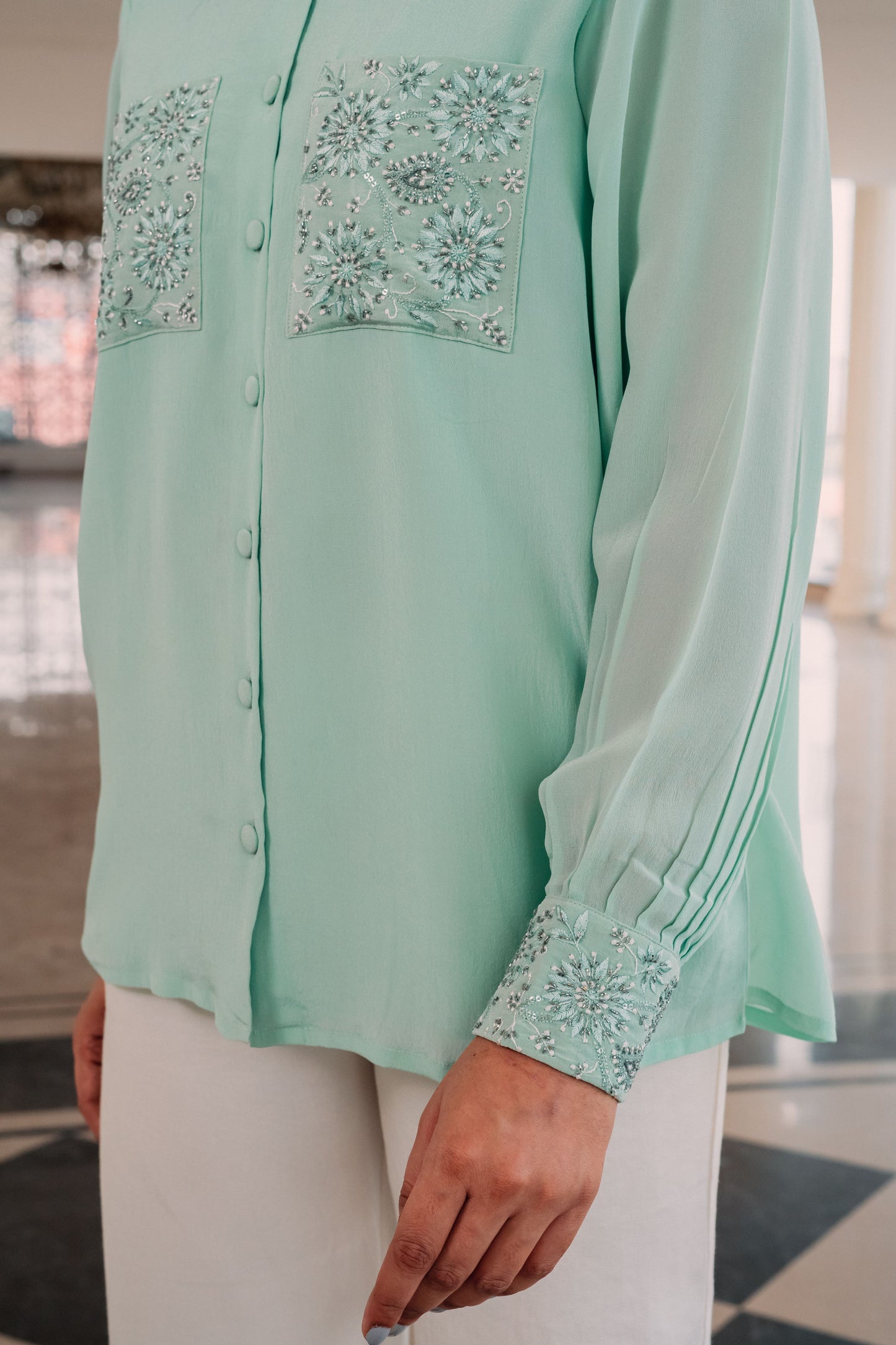 Mint Green Pure Crepe Pocket Shirt