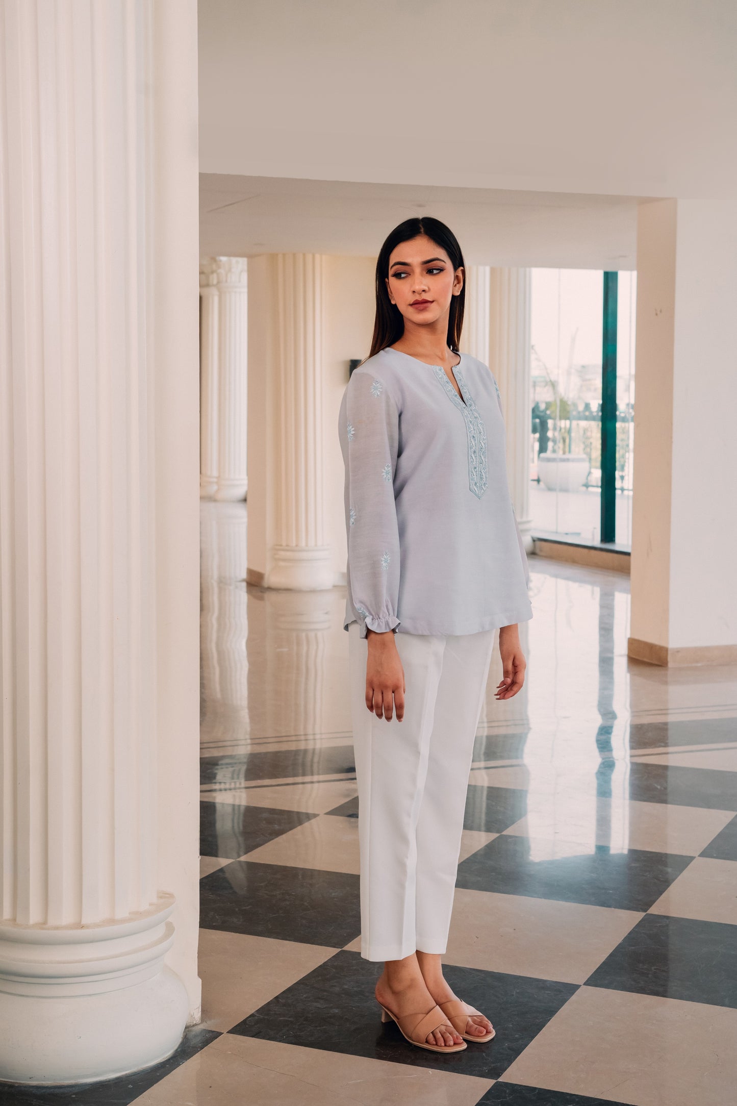 Light Blue Chanderi Silk Chikankari Tunic