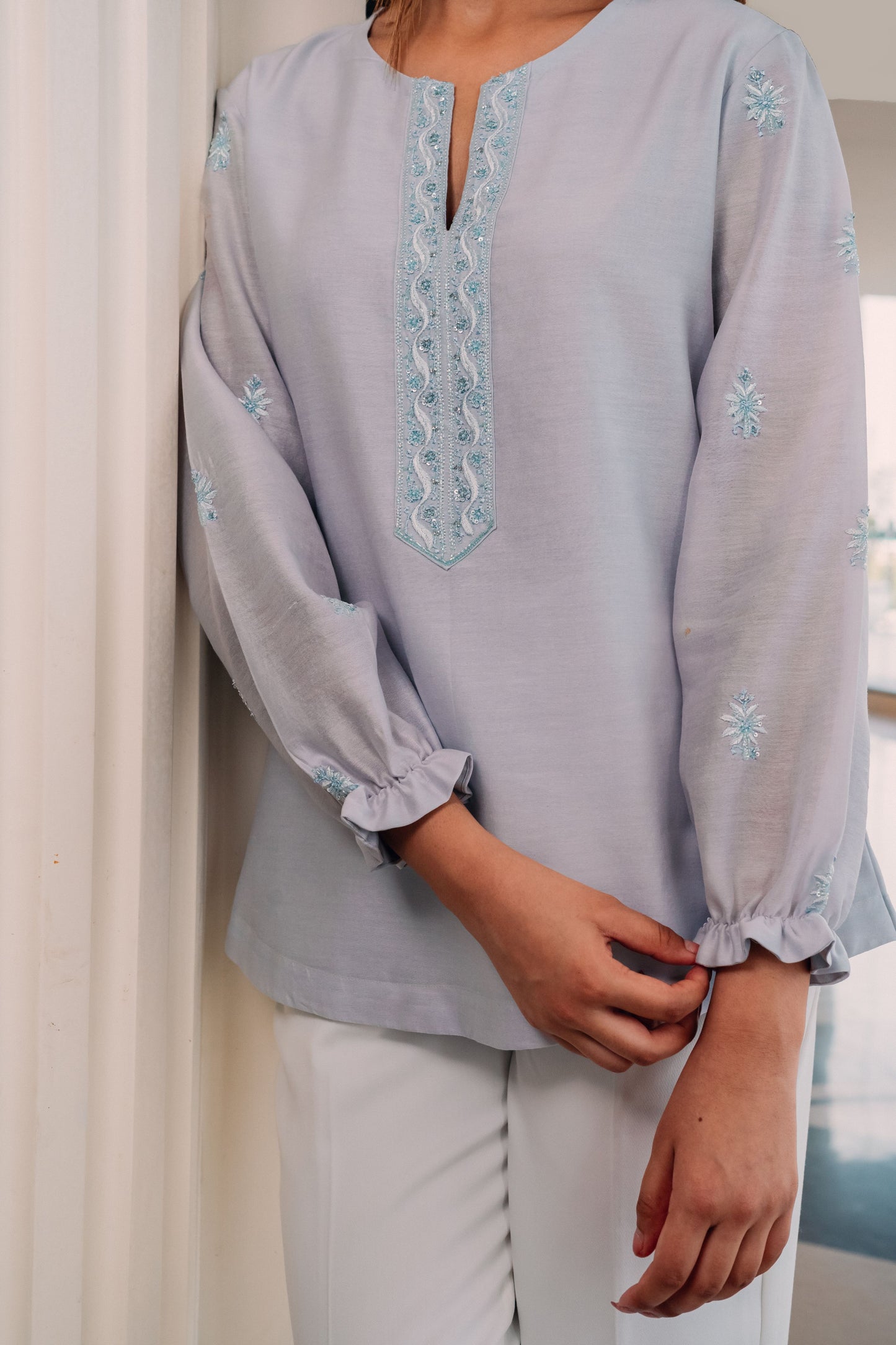 Light Blue Chanderi Silk Chikankari Tunic