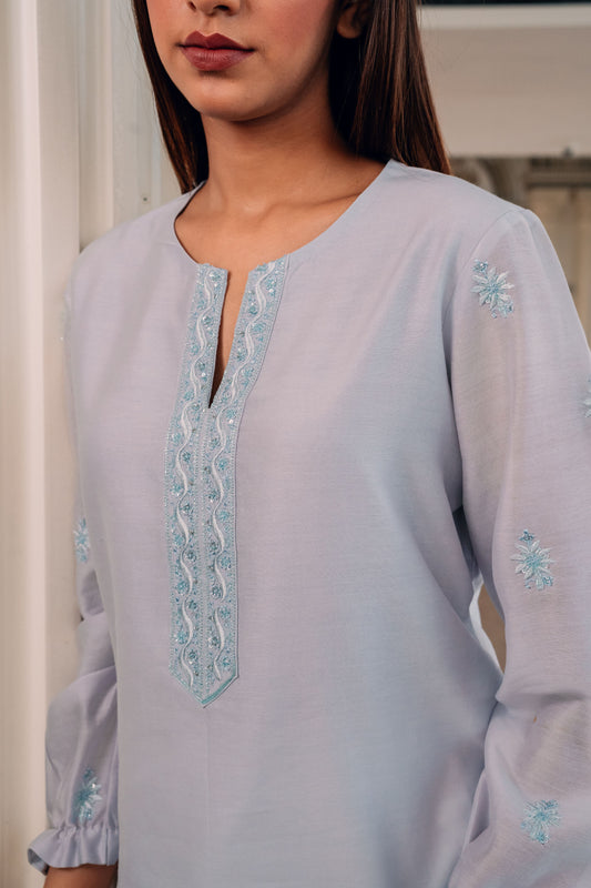 Light Blue Chanderi Silk Chikankari Tunic