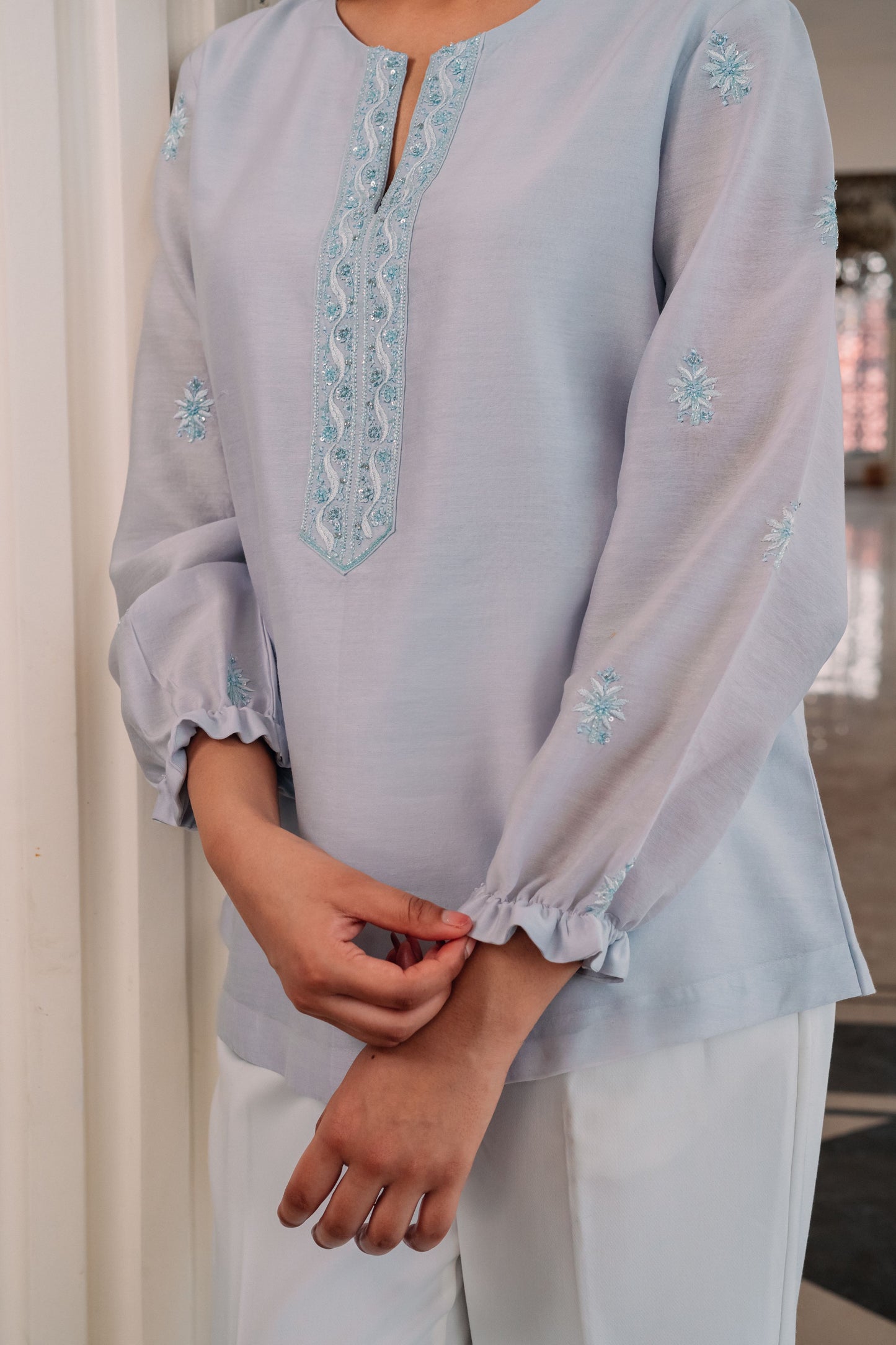 Light Blue Chanderi Silk Chikankari Tunic