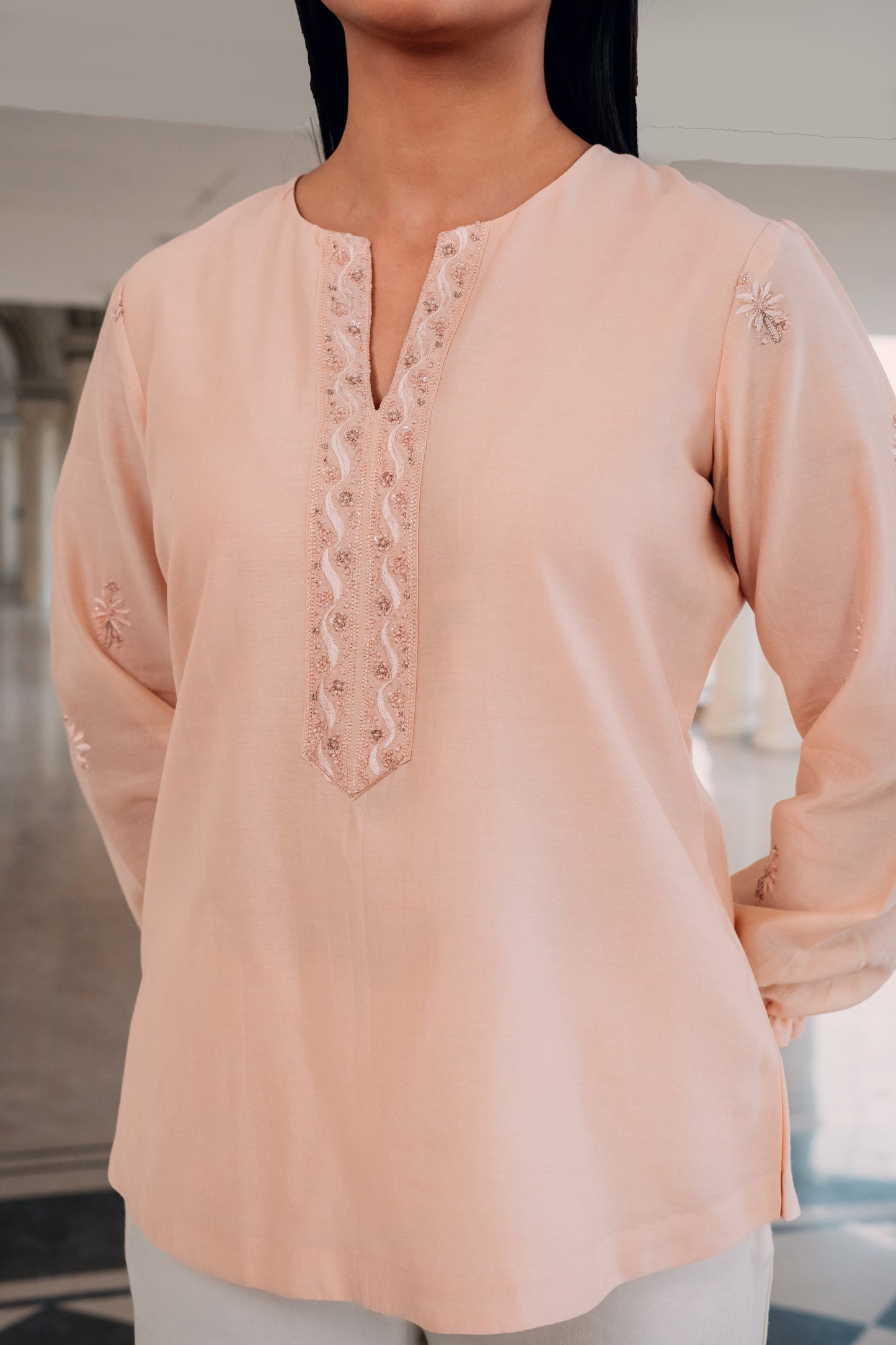 Light Peach Chanderi Silk Chikankari Tunic