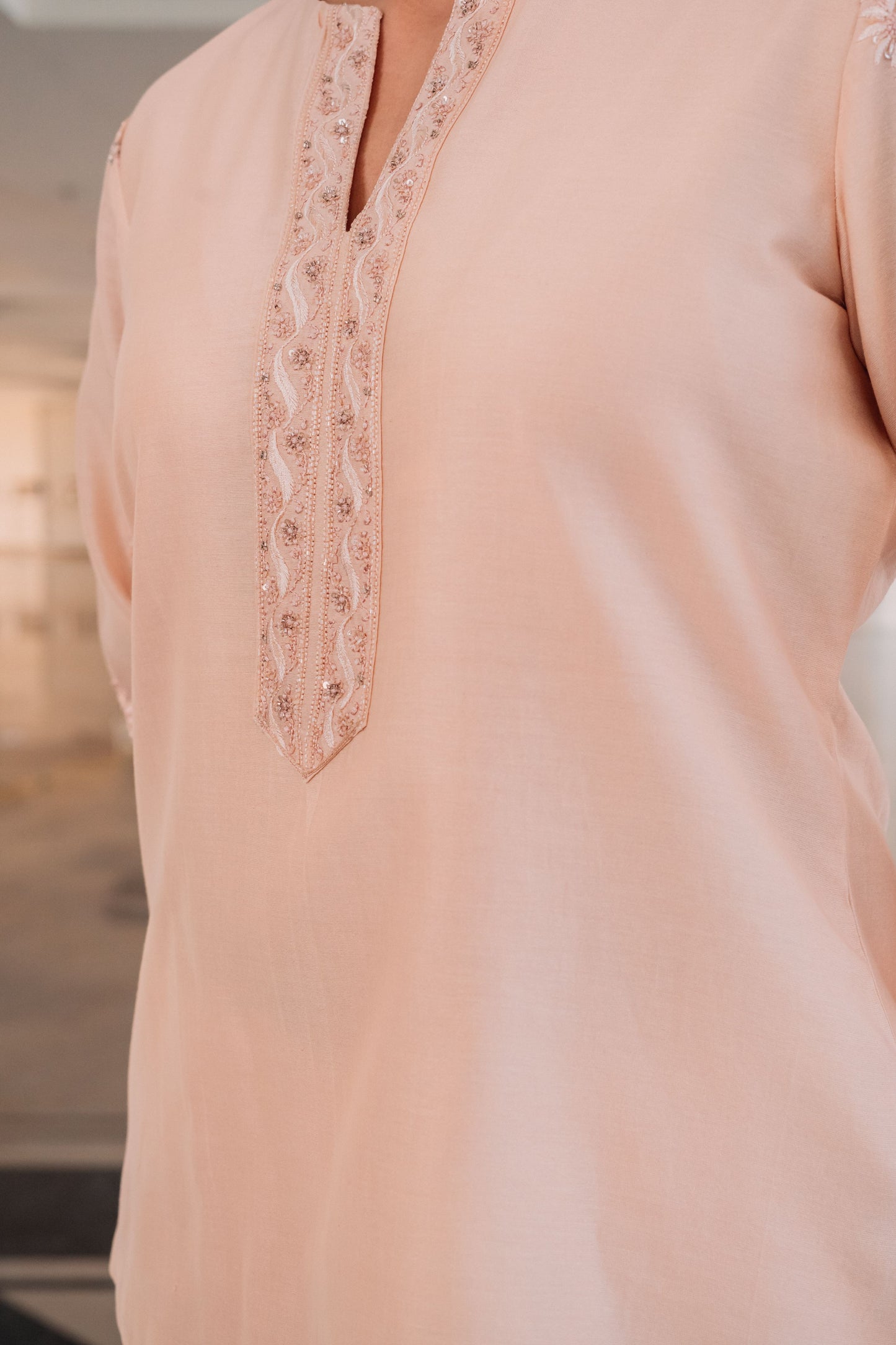 Light Peach Chanderi Silk Chikankari Tunic