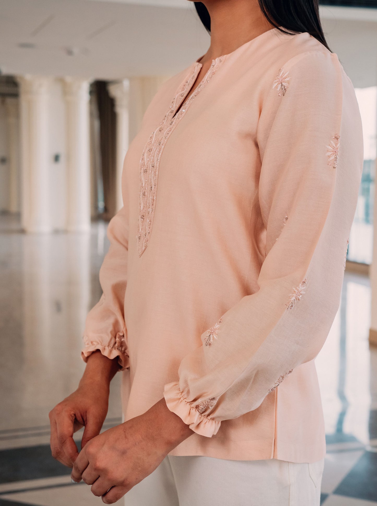 Light Peach Chanderi Silk Chikankari Tunic