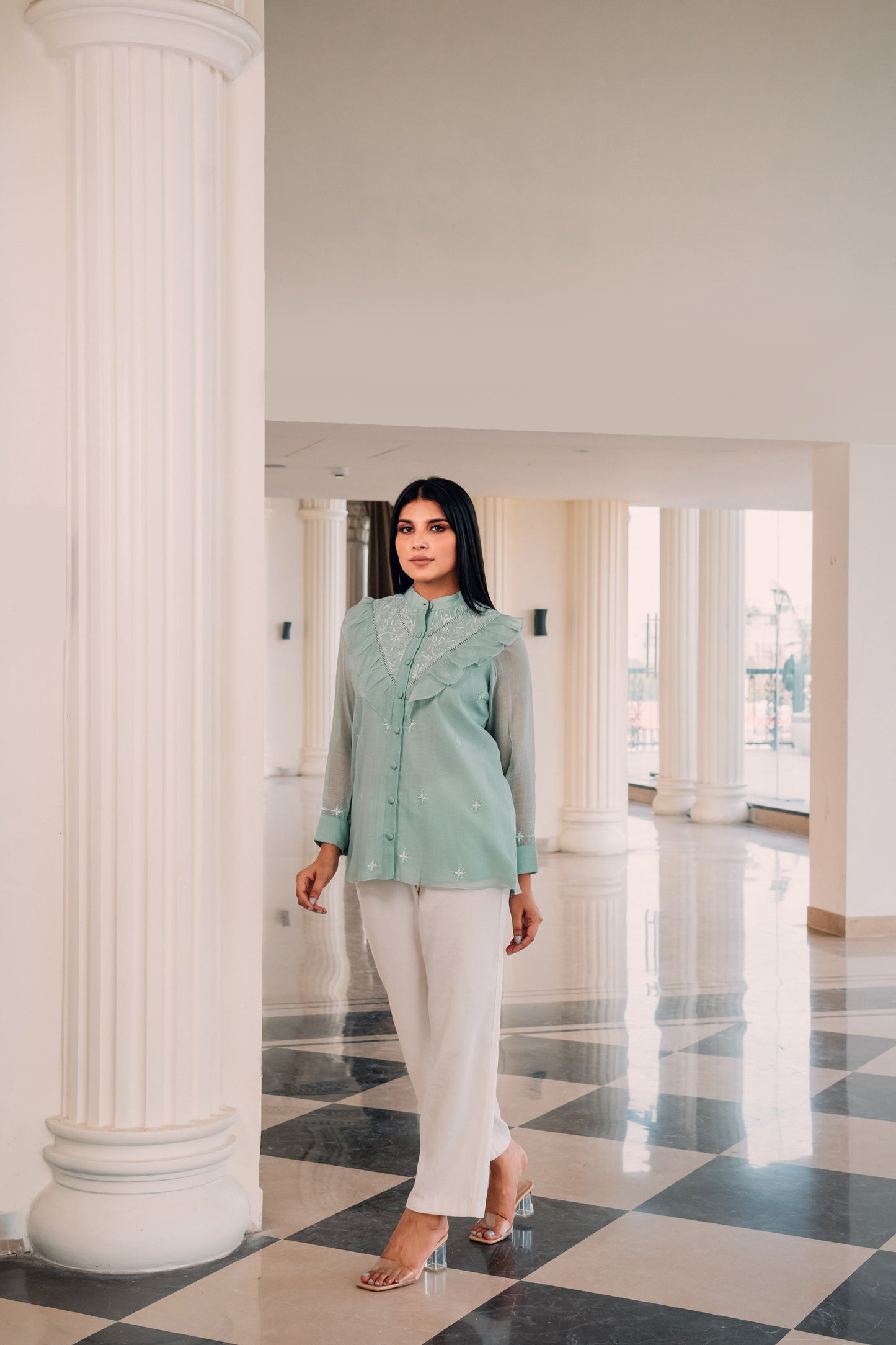 Mint Green Ruffled Mul Chanderi Shirt