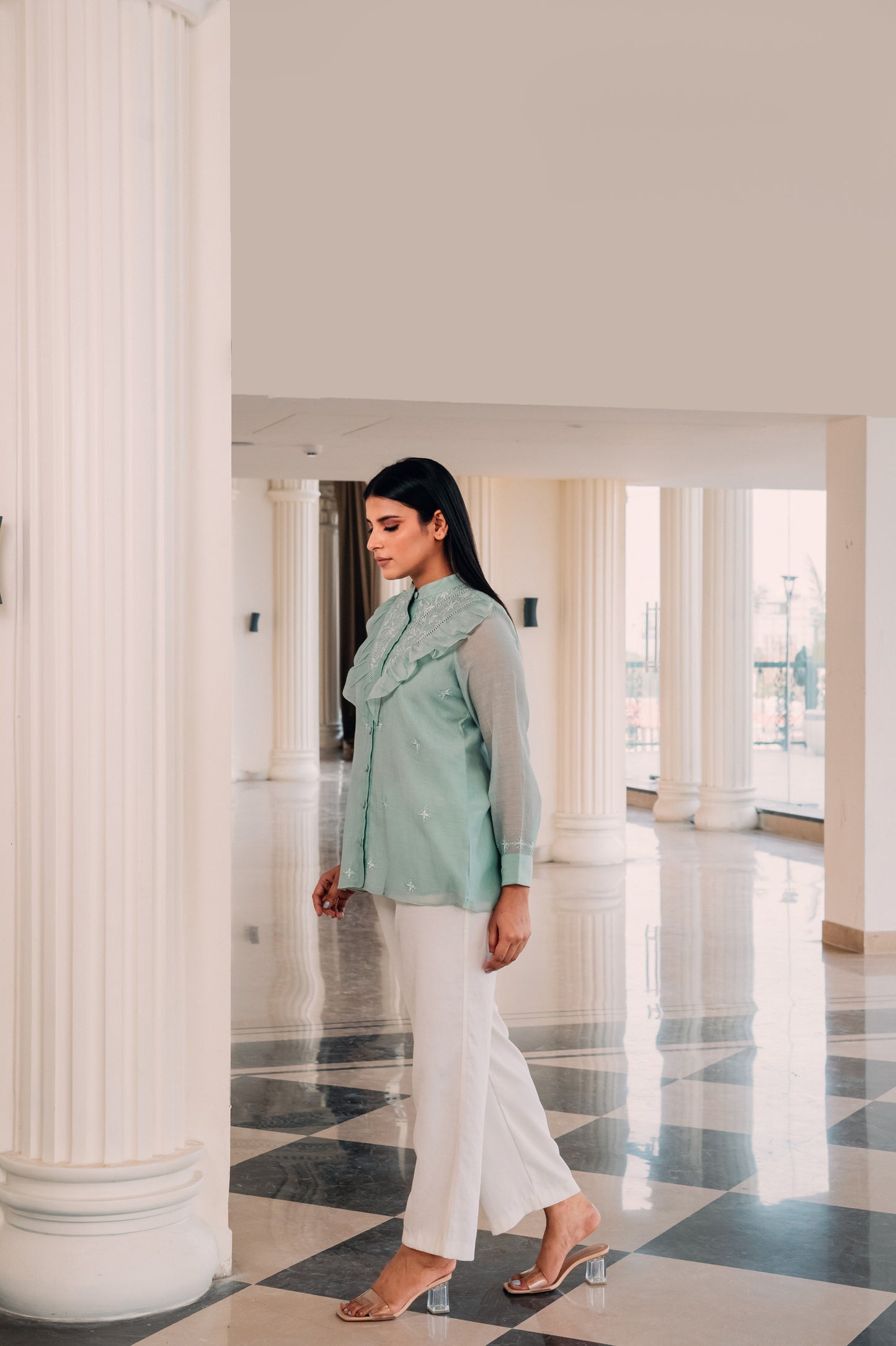 Mint Green Ruffled Mul Chanderi Shirt