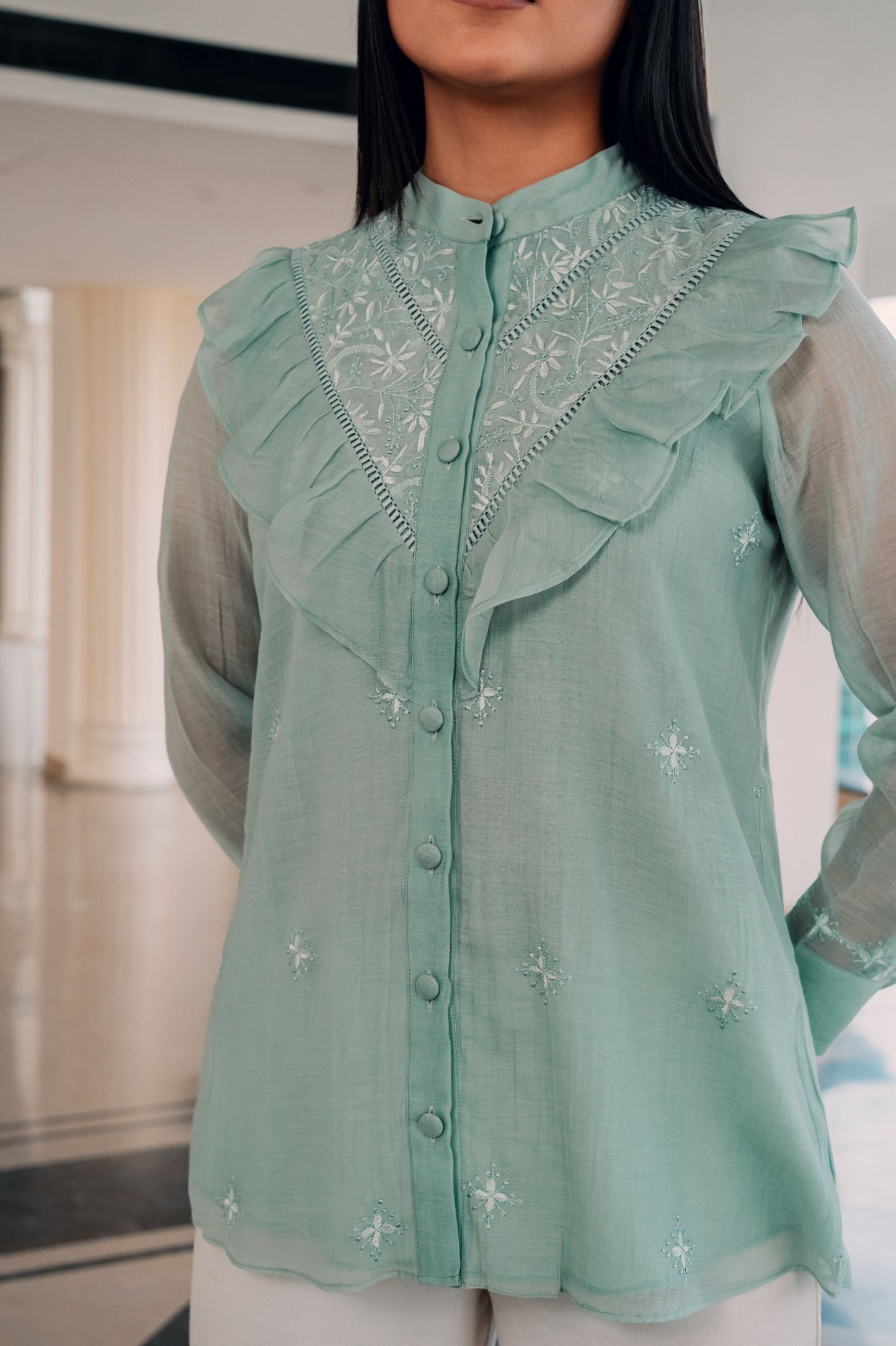 Mint Green Ruffled Mul Chanderi Shirt