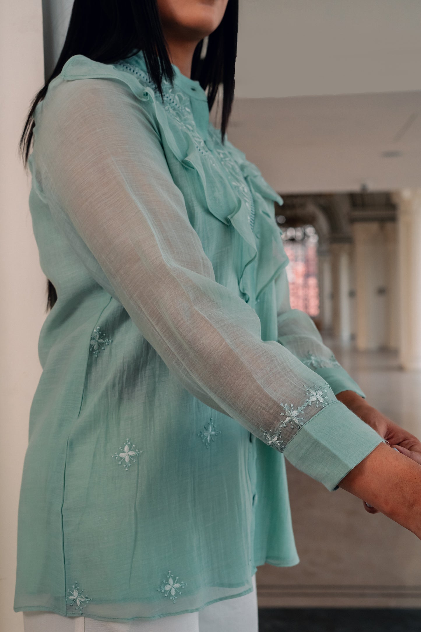 Mint Green Ruffled Mul Chanderi Shirt