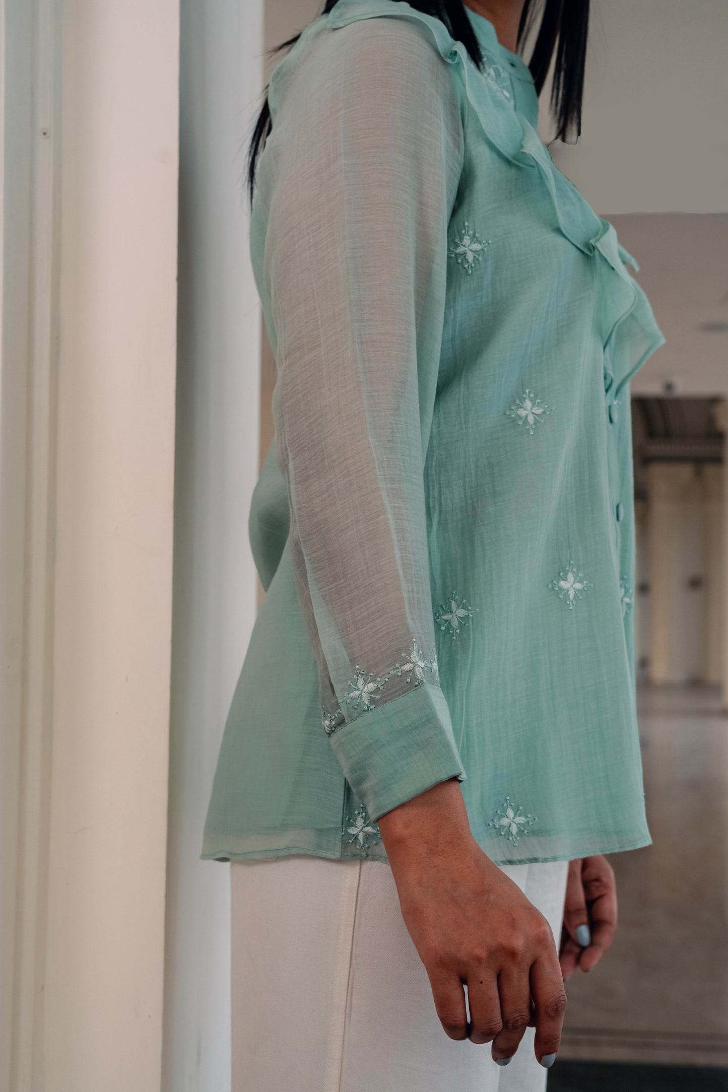 Mint Green Ruffled Mul Chanderi Shirt