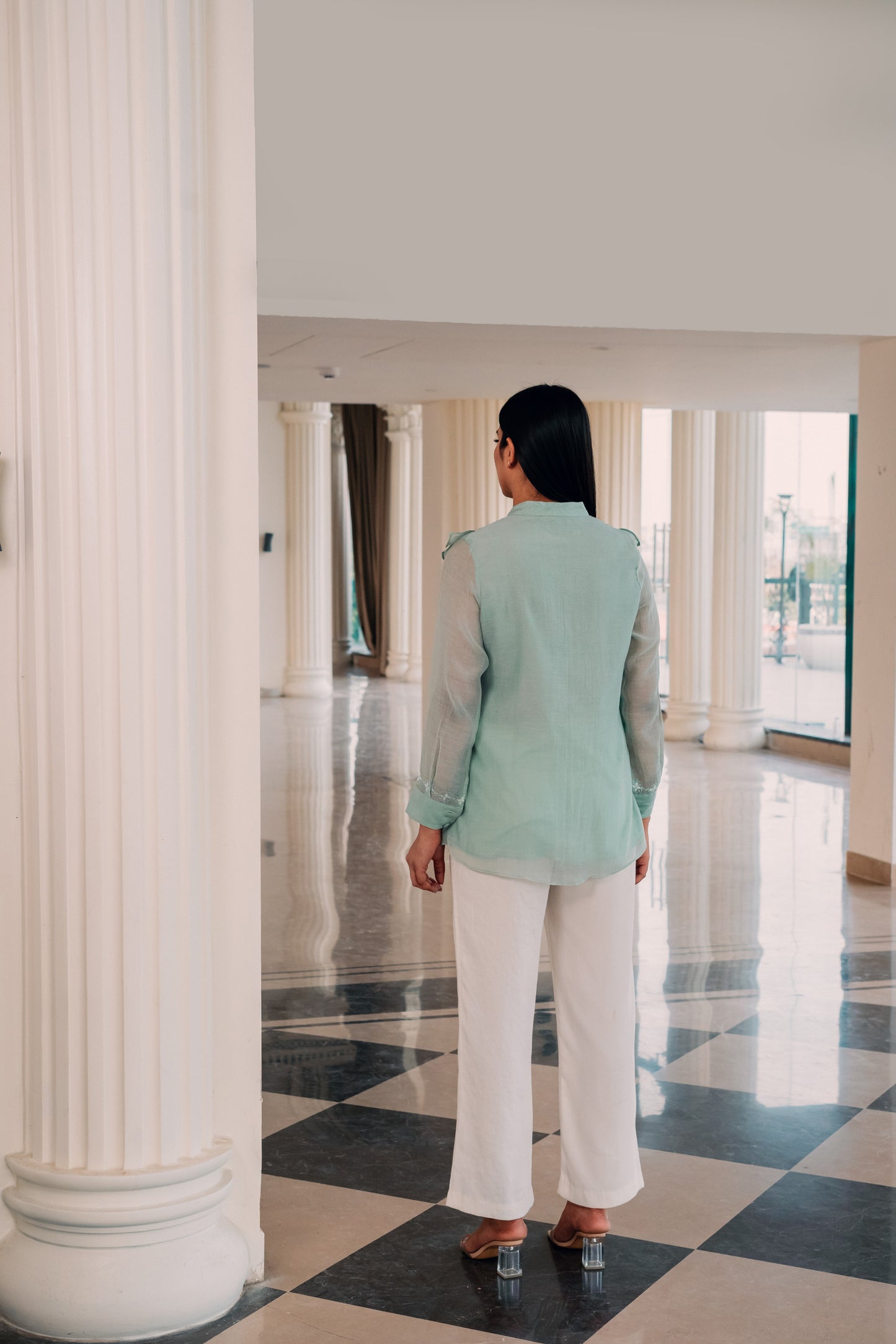 Mint Green Ruffled Mul Chanderi Shirt