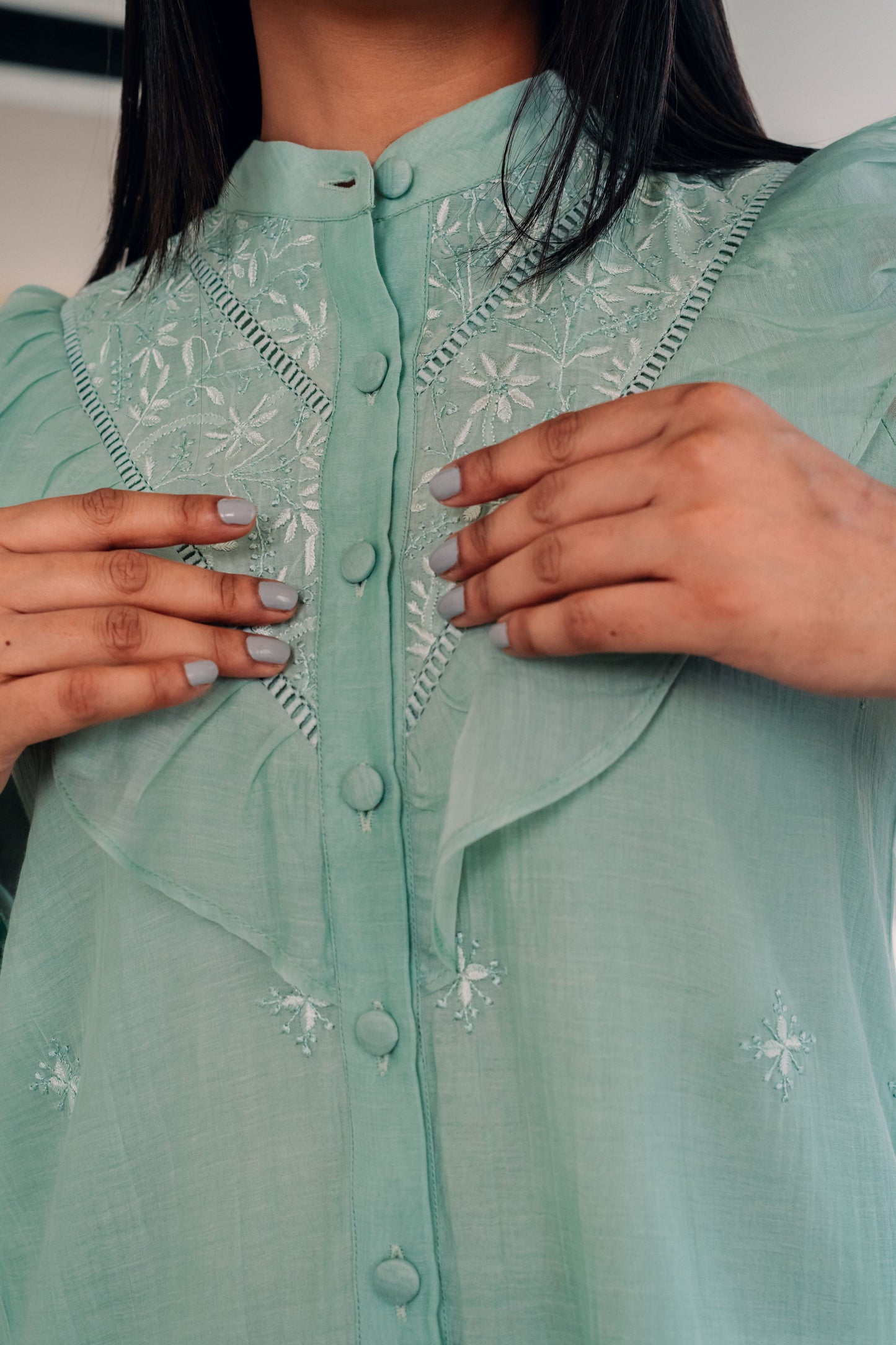 Mint Green Ruffled Mul Chanderi Shirt