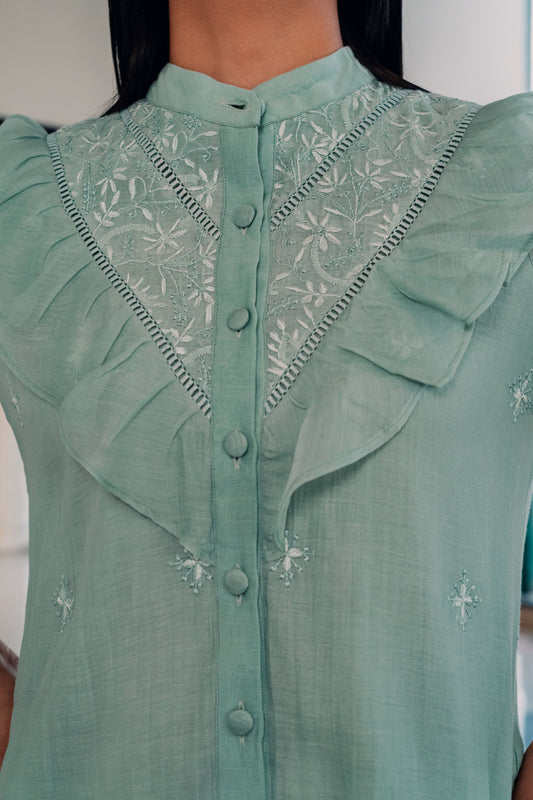 Mint Green Ruffled Mul Chanderi Shirt