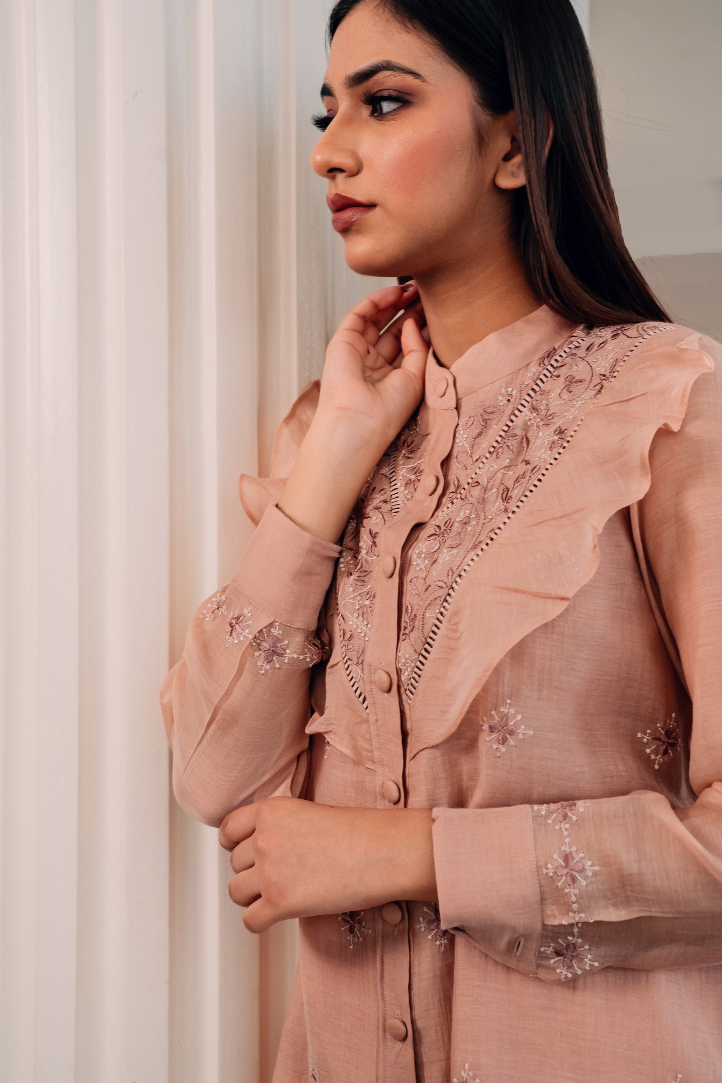 Peach Ruffled Mul Chanderi Shirt