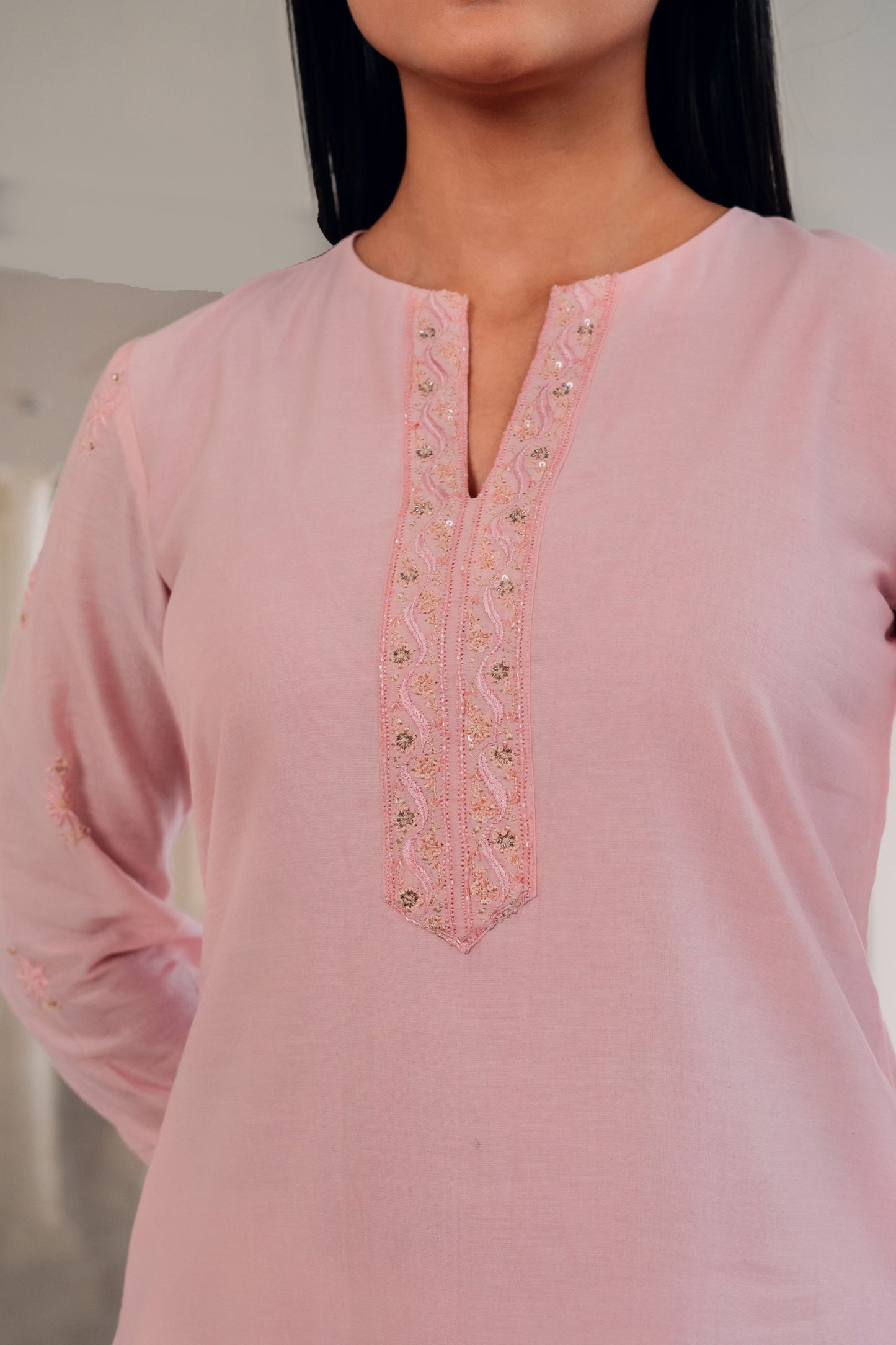 Baby Pink Chanderi Silk Chikankari Tunic