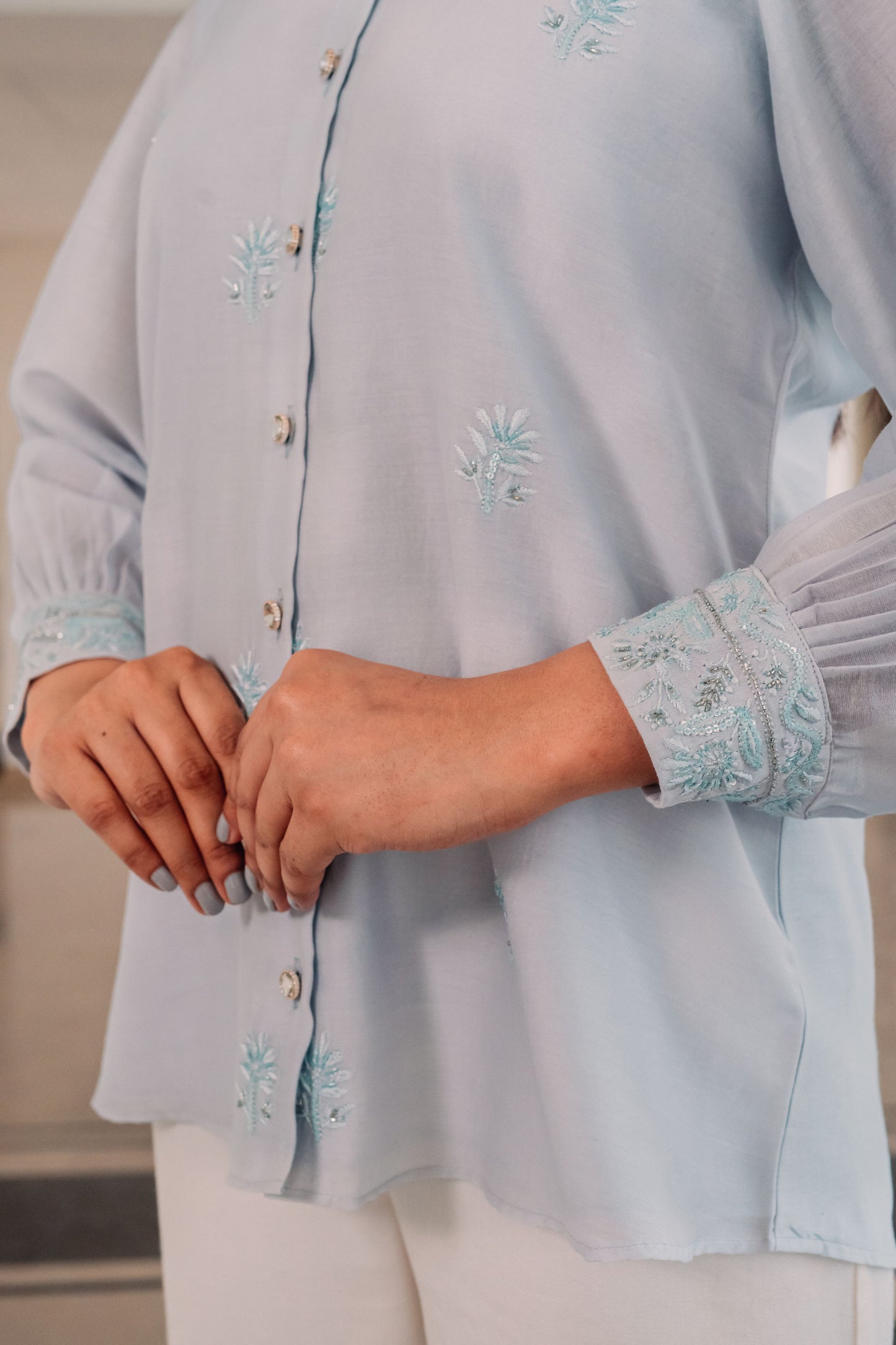 Light Blue Chanderi Silk Highlighted Chinese Collar Shirt