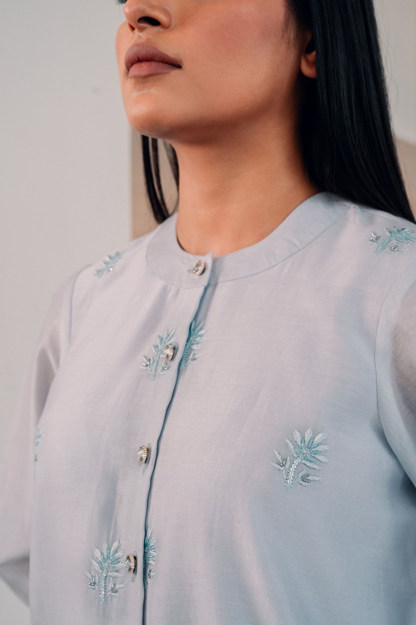 Light Blue Chanderi Silk Highlighted Chinese Collar Shirt