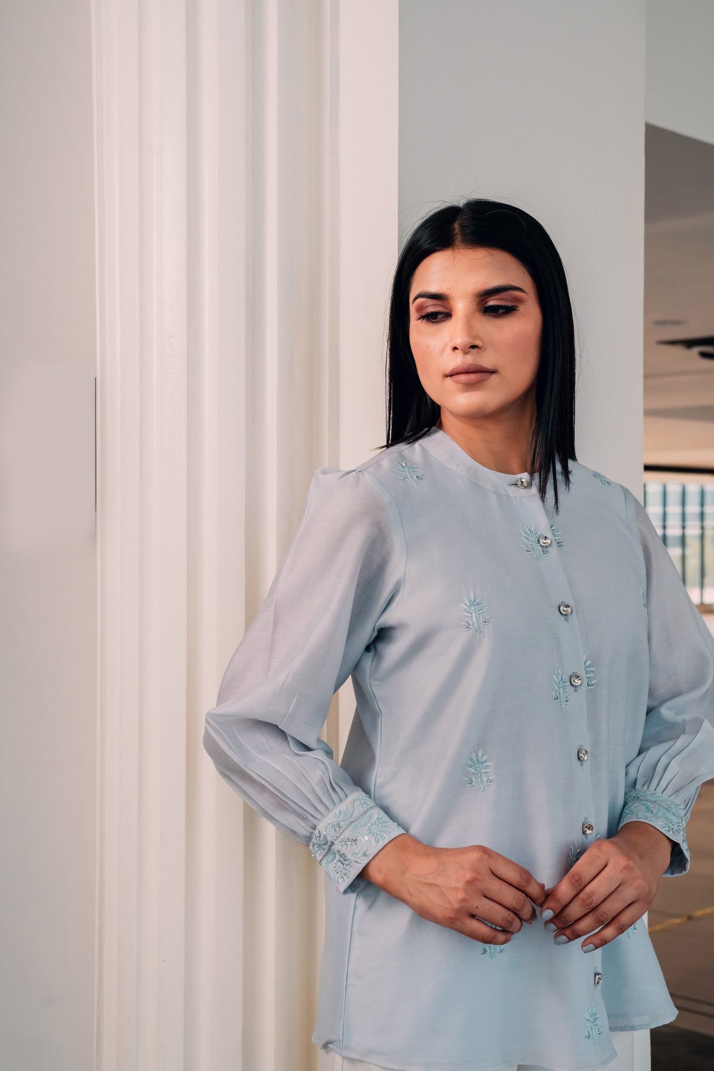 Light Blue Chanderi Silk Highlighted Chinese Collar Shirt