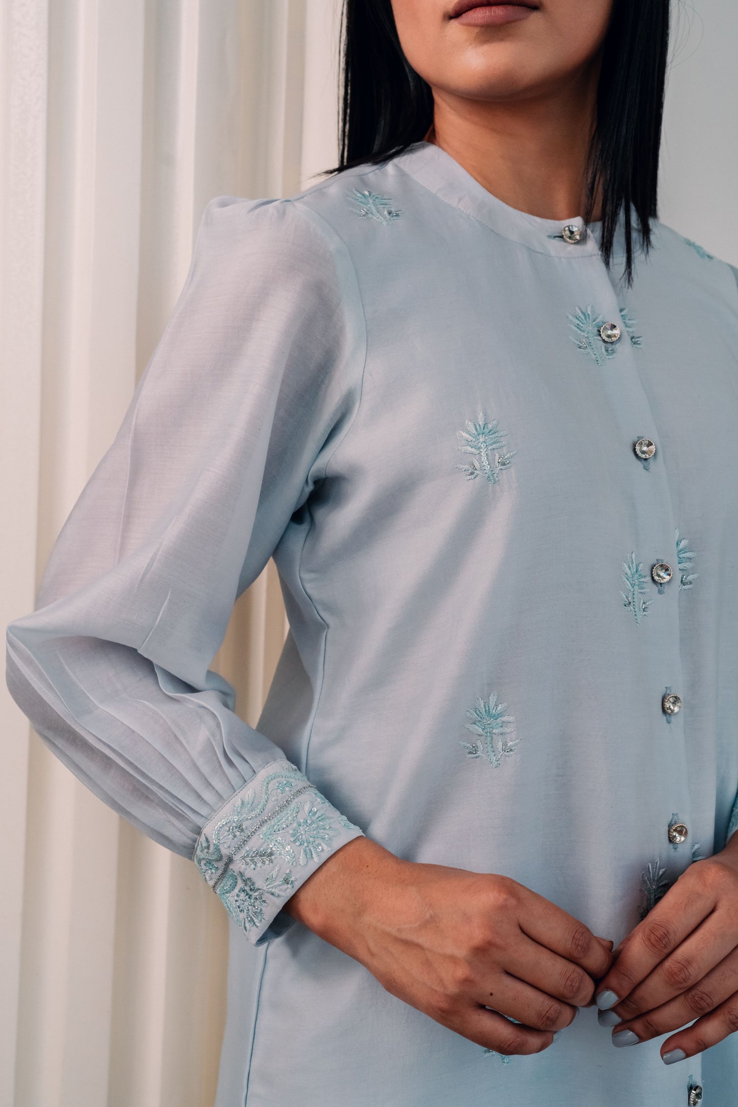 Light Blue Chanderi Silk Highlighted Chinese Collar Shirt