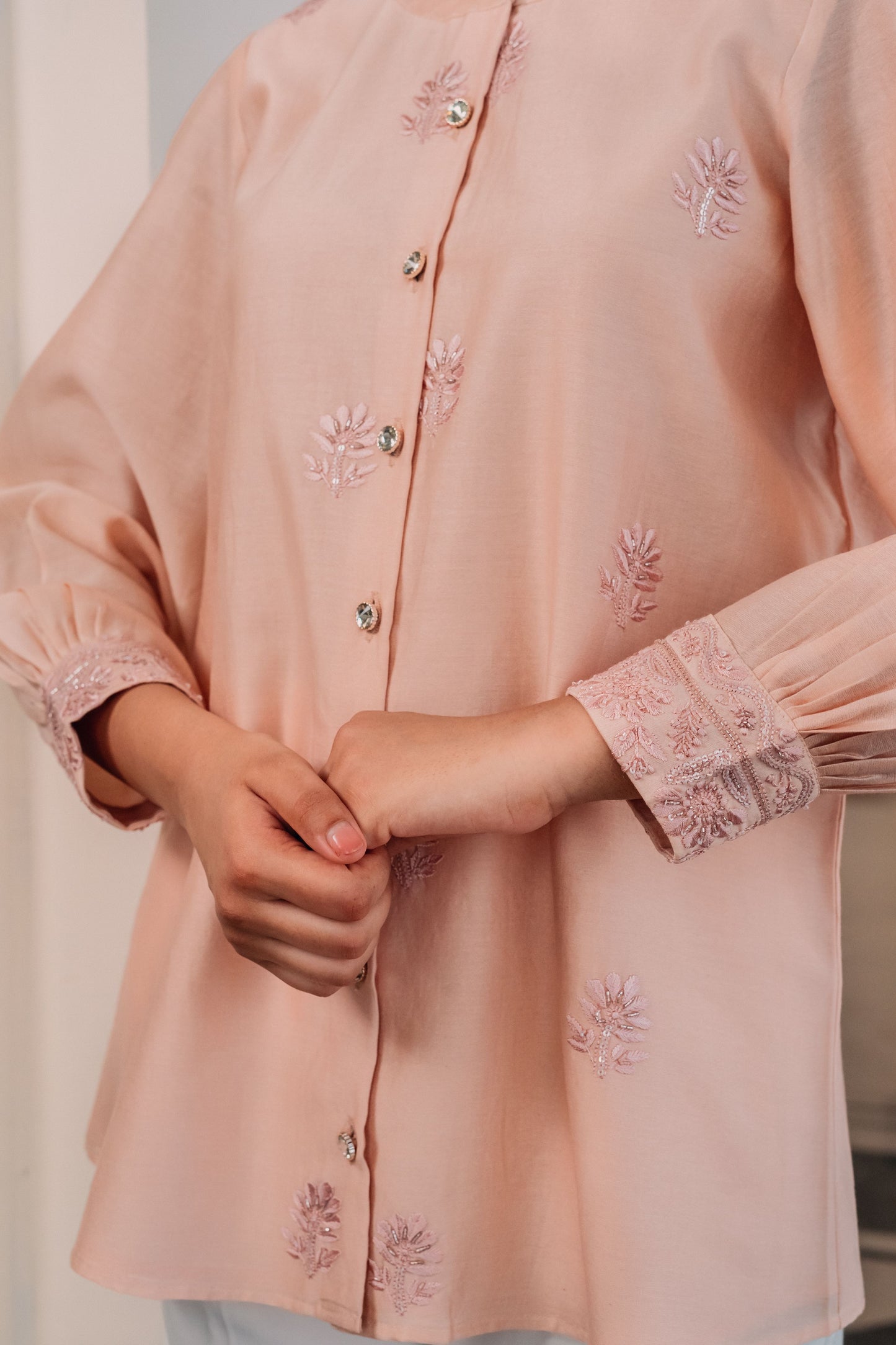 Light Peach Chanderi Silk Highlighted Chinese Collar Shirt