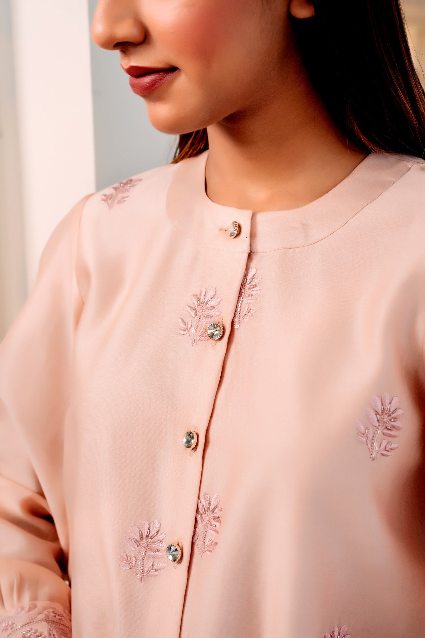 Light Peach Chanderi Silk Highlighted Chinese Collar Shirt